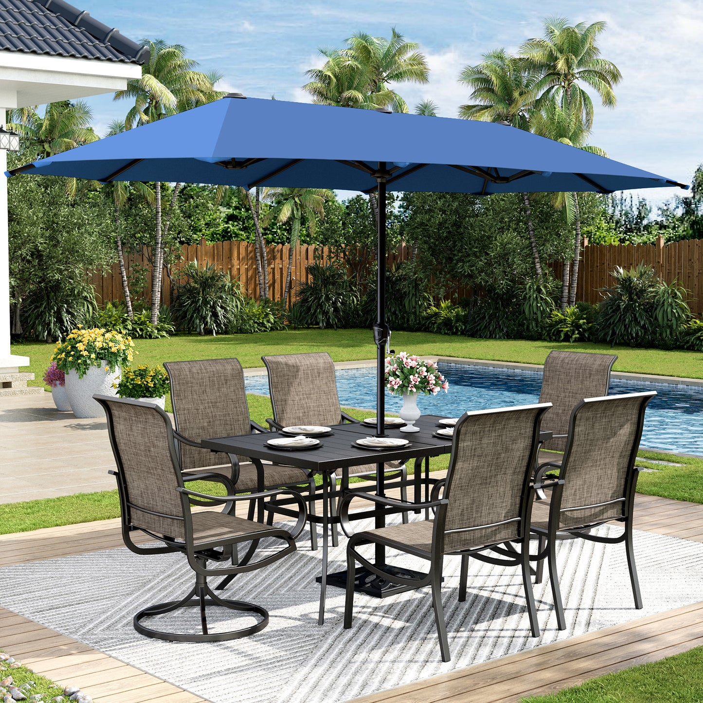 Captiva Designs 8pc Outdoor Rectangular Steel Dining Table & Breathable Sling Chairs & Market Umbrella