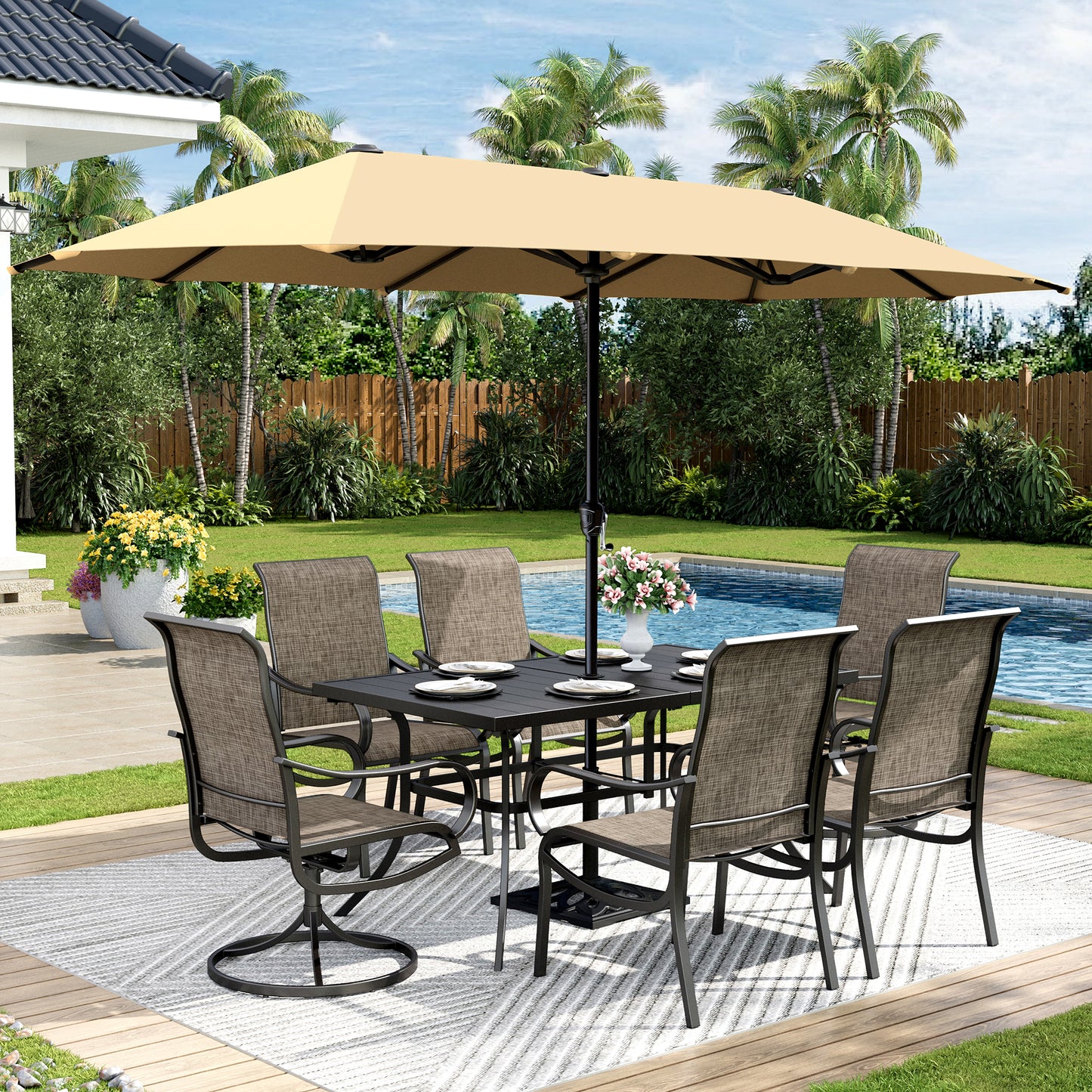 Captiva Designs 8pc Outdoor Rectangular Steel Dining Table & Breathable Sling Chairs & Market Umbrella