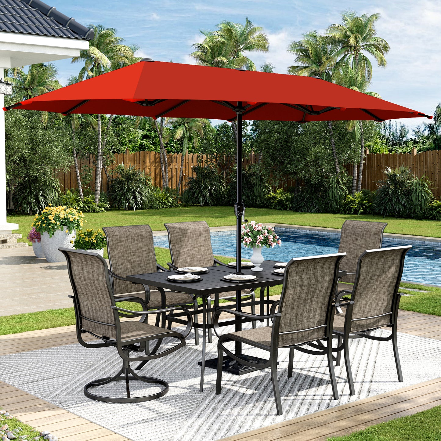 Captiva Designs 8pc Outdoor Rectangular Steel Dining Table & Breathable Sling Chairs & Market Umbrella