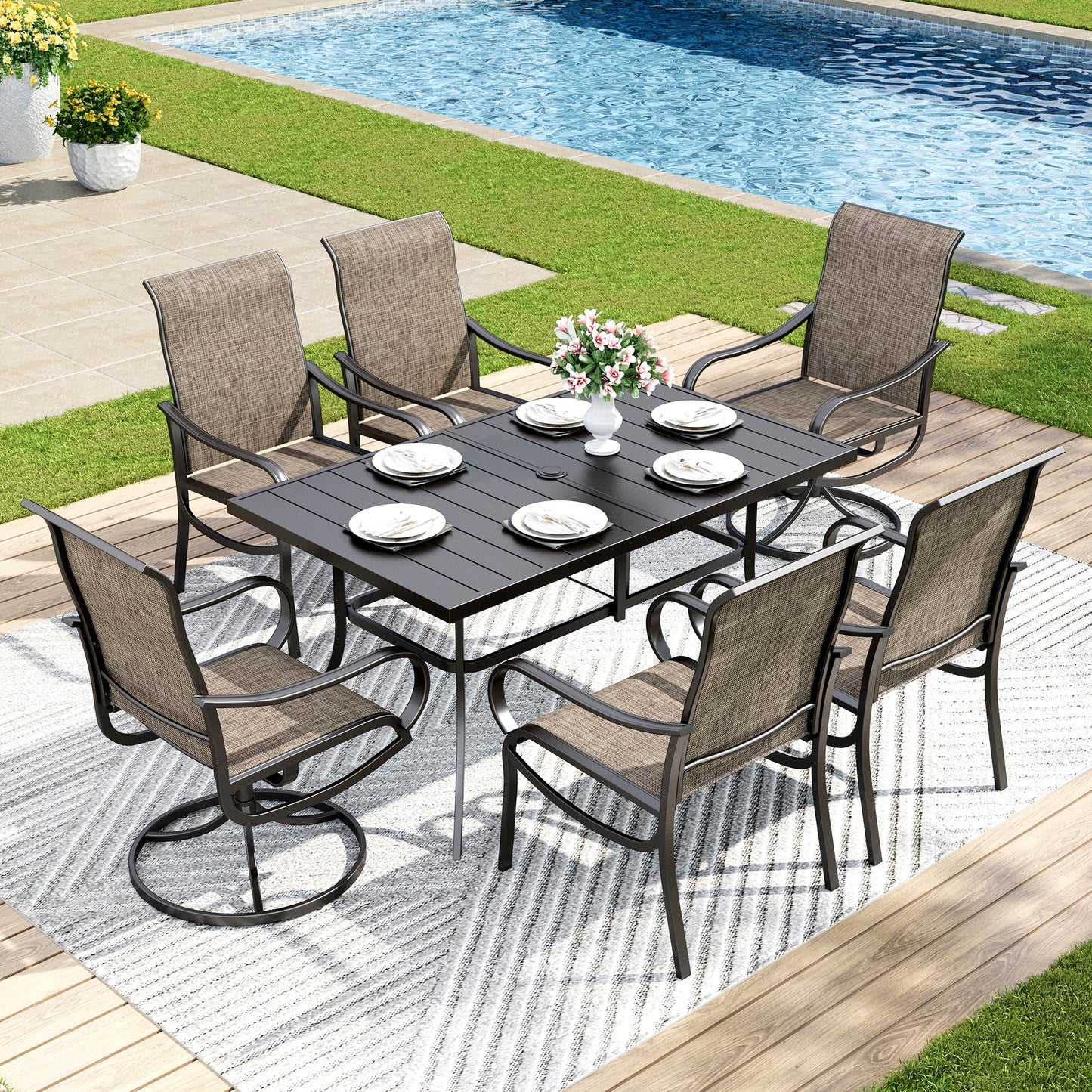 Captiva Designs 7pc Patio Dining Slat-top Rectangle Table & Breathable Quick-dry Sling Chairs