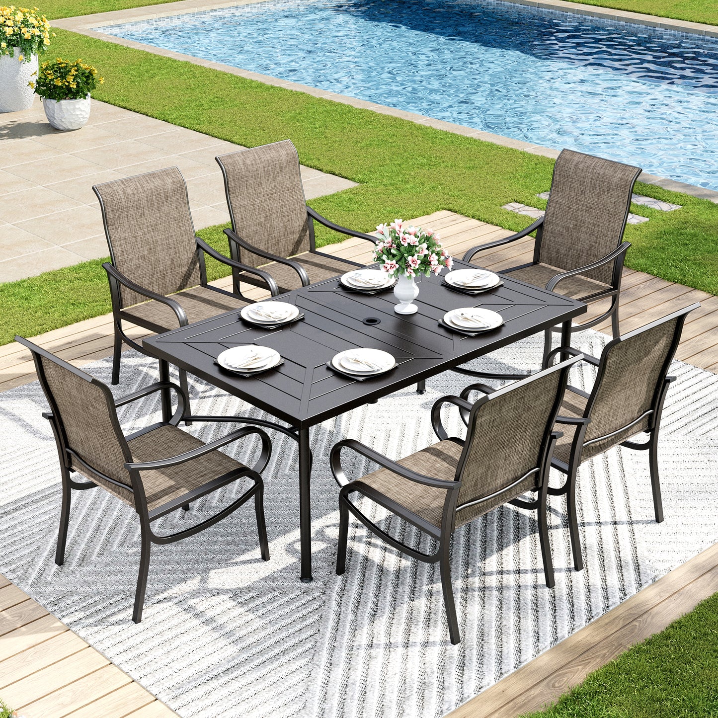 Captiva Designs 7pc Outdoor Dining Rectangle Table & Breathable Quick-dry Sling Chairs
