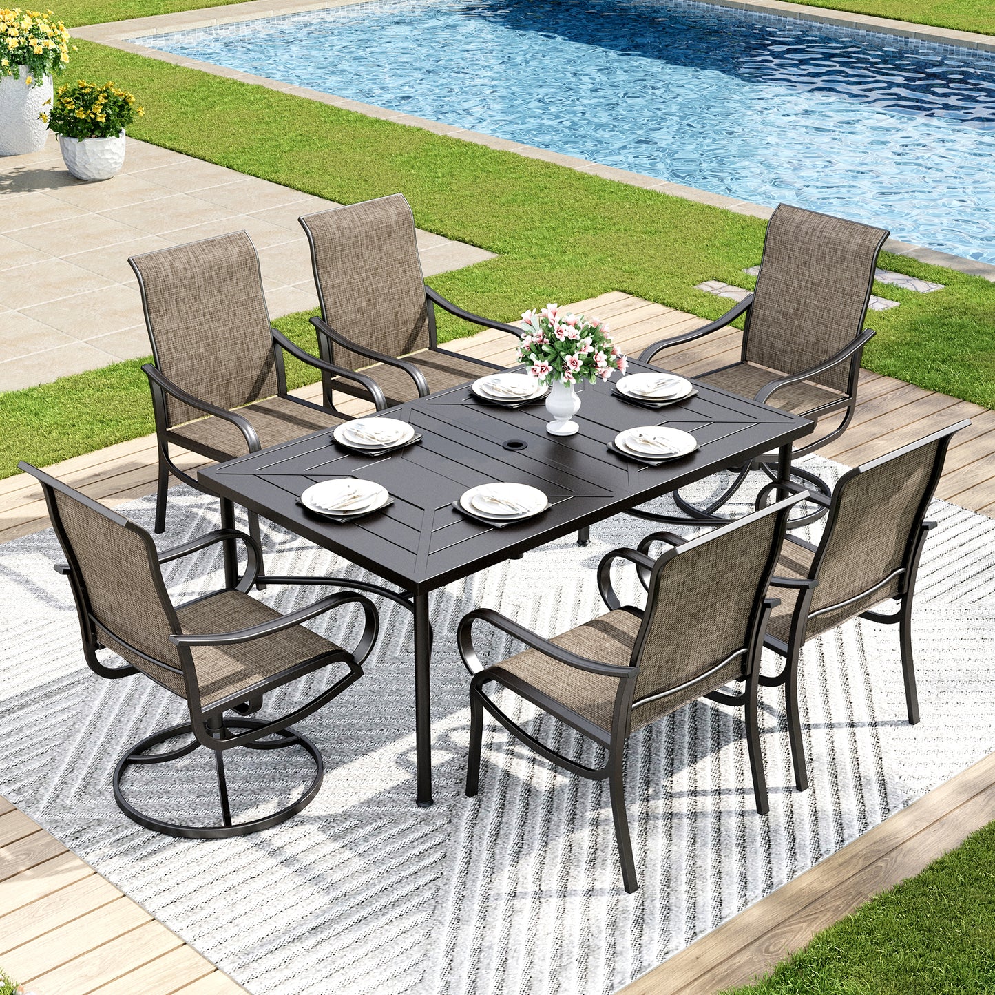 Captiva Designs 7pc Outdoor Dining Rectangle Table & Breathable Quick-dry Sling Chairs