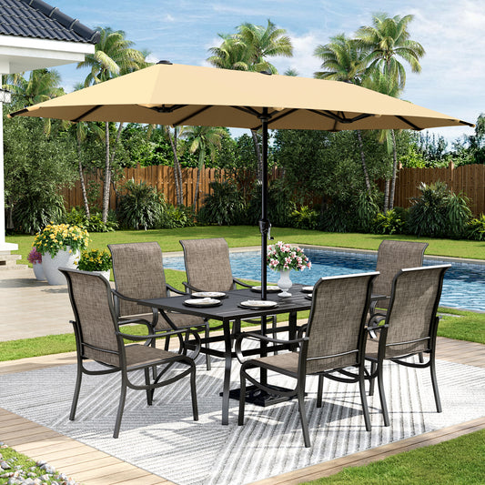 Captiva Designs 8pc Patio Rectangular Steel Dining Table & Breathable Sling Chairs & Market Umbrella