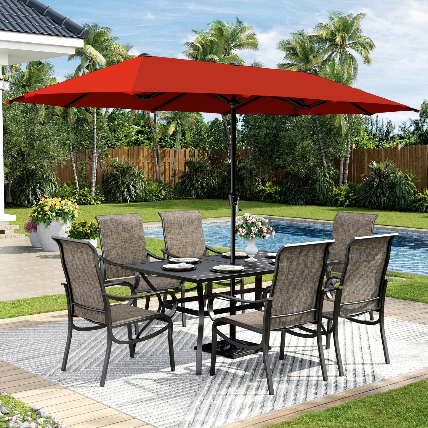 Captiva Designs 8pc Patio Rectangular Steel Dining Table & Breathable Sling Chairs & Market Umbrella