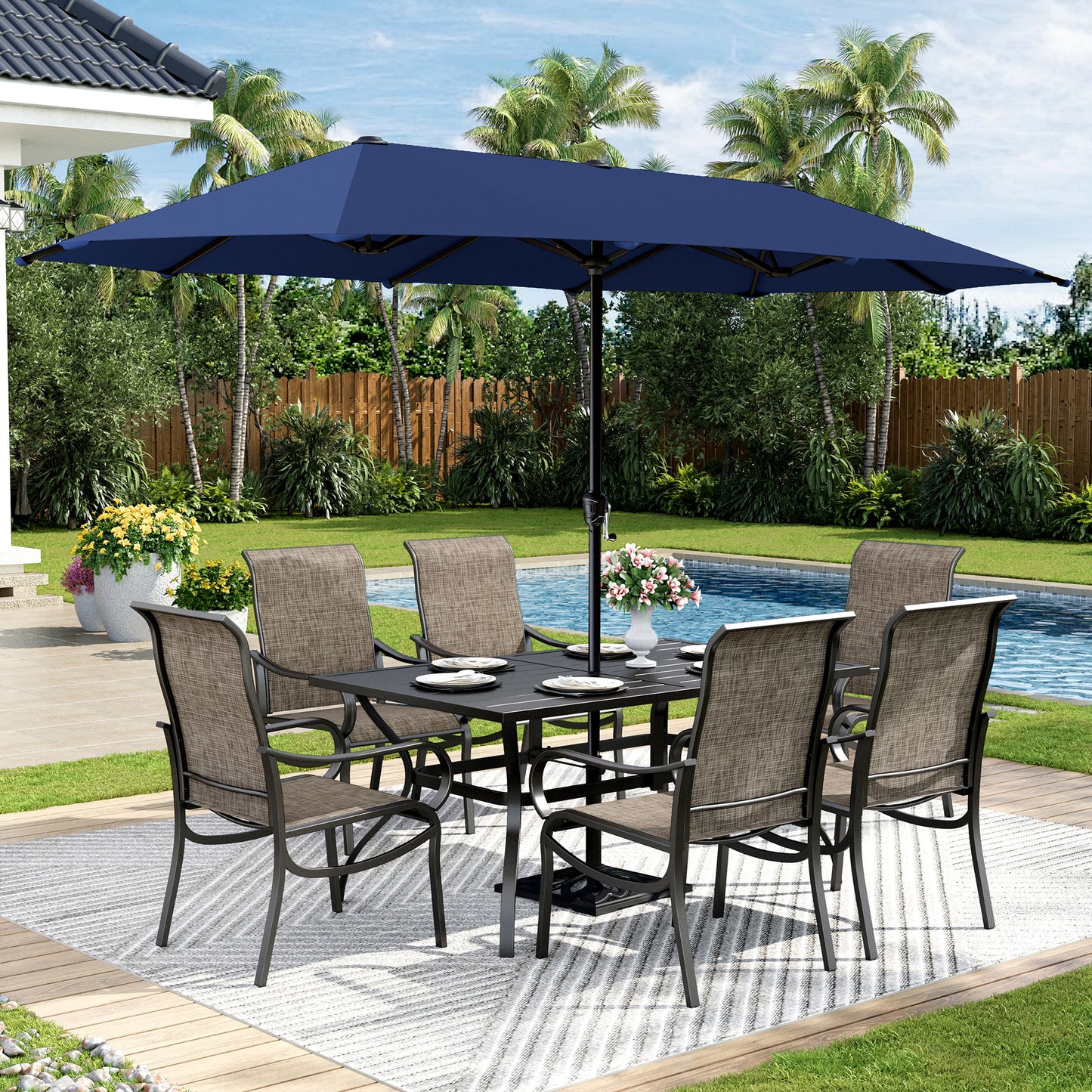 Captiva Designs 8pc Patio Rectangular Steel Dining Table & Breathable Sling Chairs & Market Umbrella