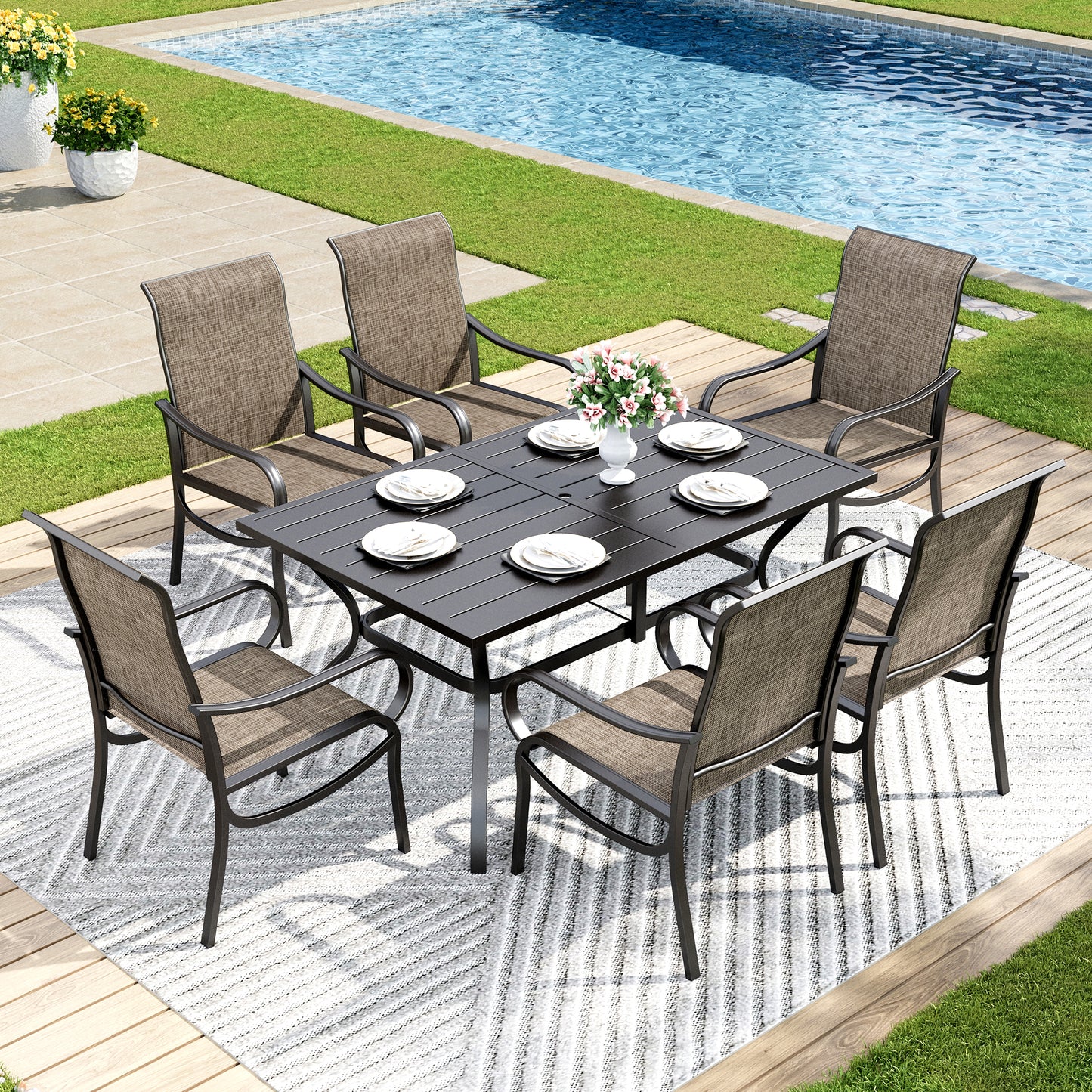 Captiva Designs 7pc Patio Dining Slat-top Rectangle Table & Breathable Quick-dry Sling Chairs