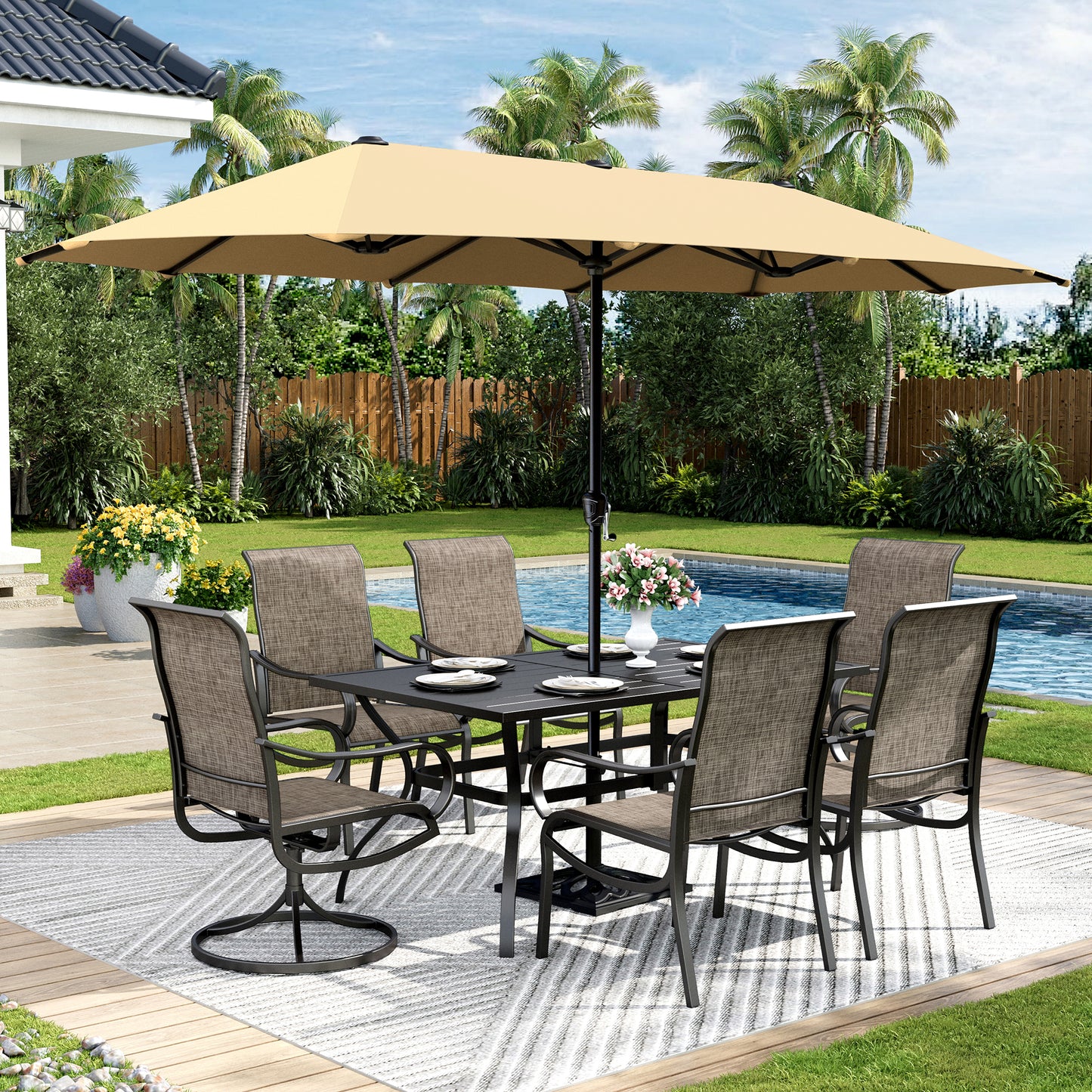 Captiva Designs 8pc Patio Rectangular Steel Dining Table & Breathable Sling Chairs & Market Umbrella