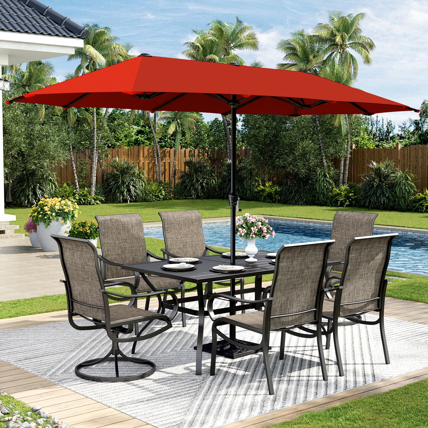 Captiva Designs 8pc Patio Rectangular Steel Dining Table & Breathable Sling Chairs & Market Umbrella