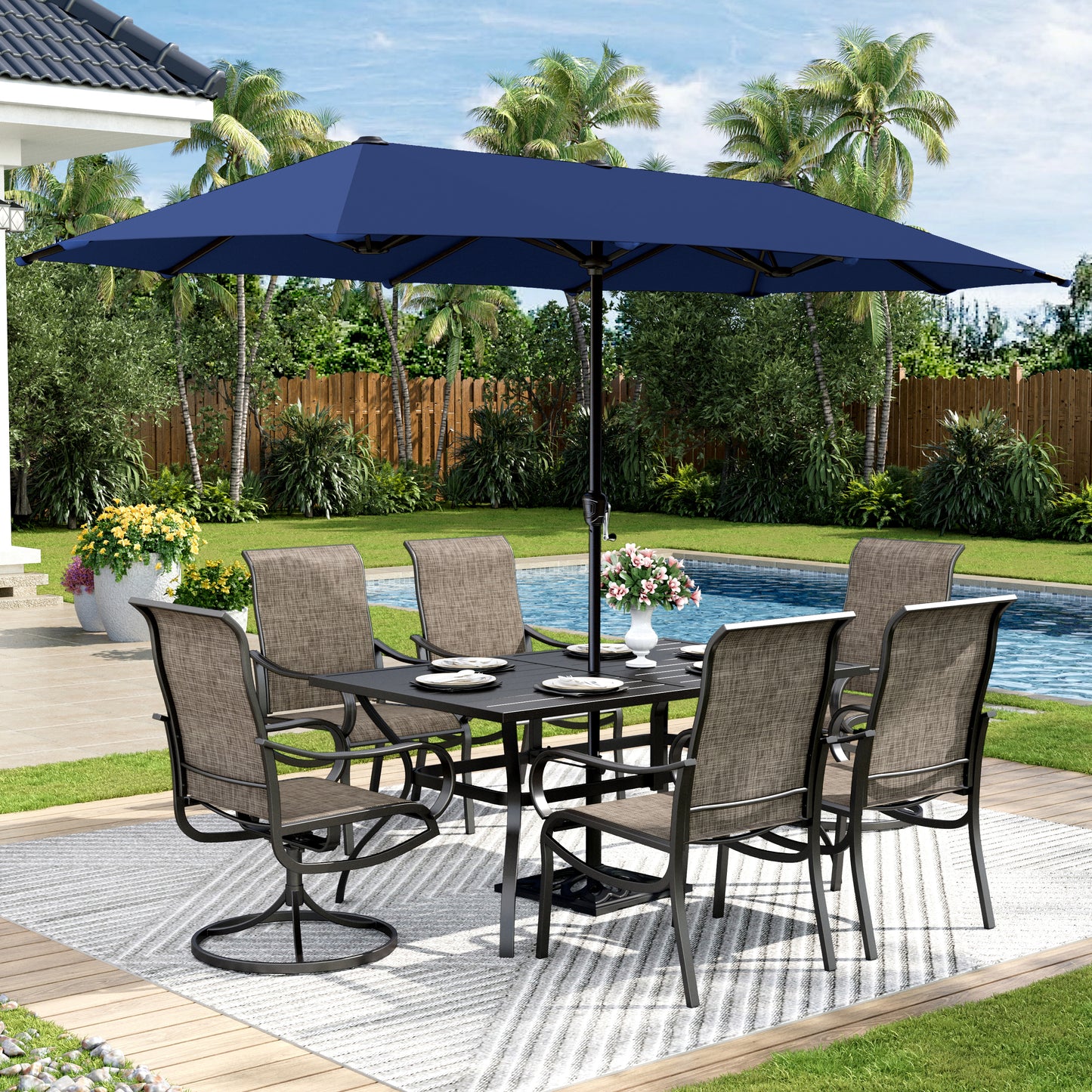 Captiva Designs 8pc Patio Rectangular Steel Dining Table & Breathable Sling Chairs & Market Umbrella