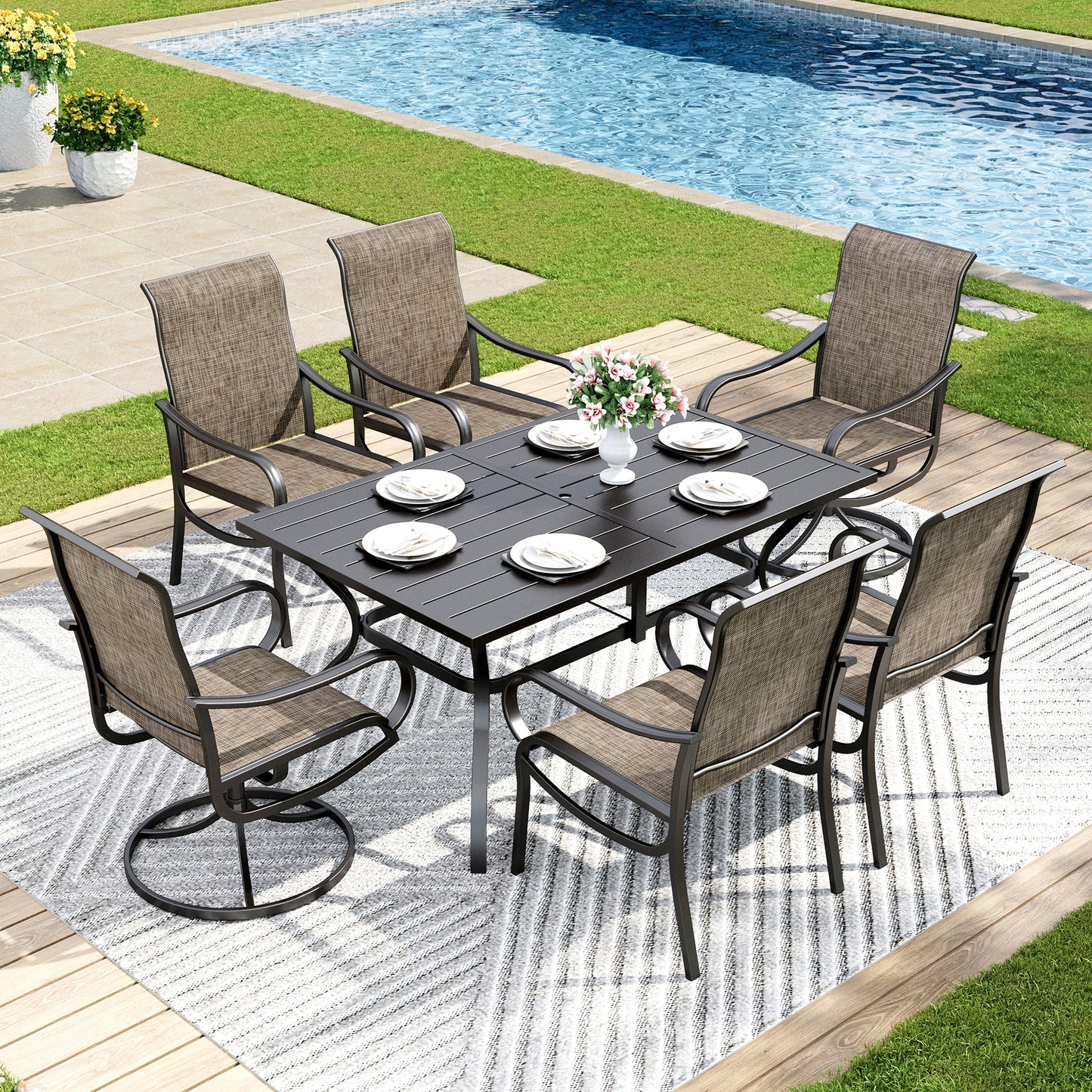 Captiva Designs 7pc Patio Dining Slat-top Rectangle Table & Breathable Quick-dry Sling Chairs