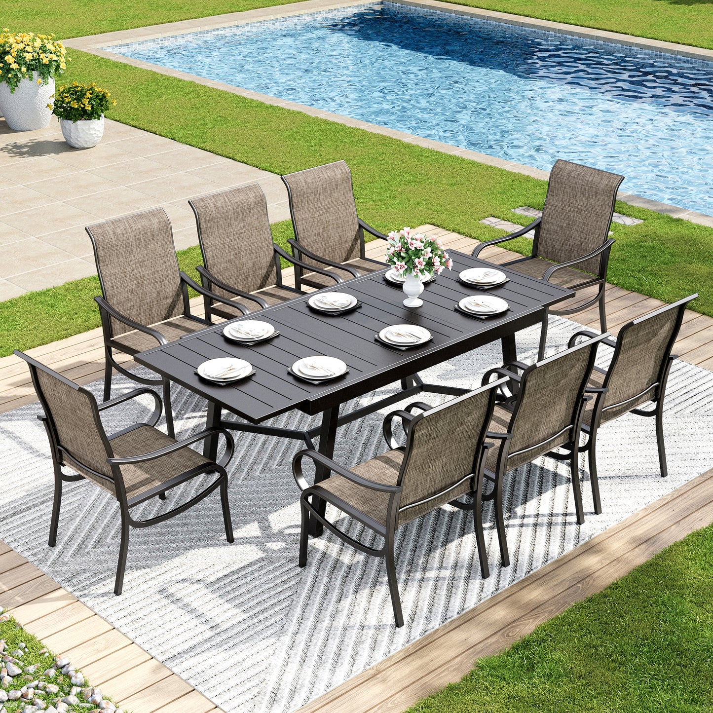 Captiva Designs 9pc Outdoor Dining set with Slat-top Metal Table & Breathable Quick-dry Sling Chairs