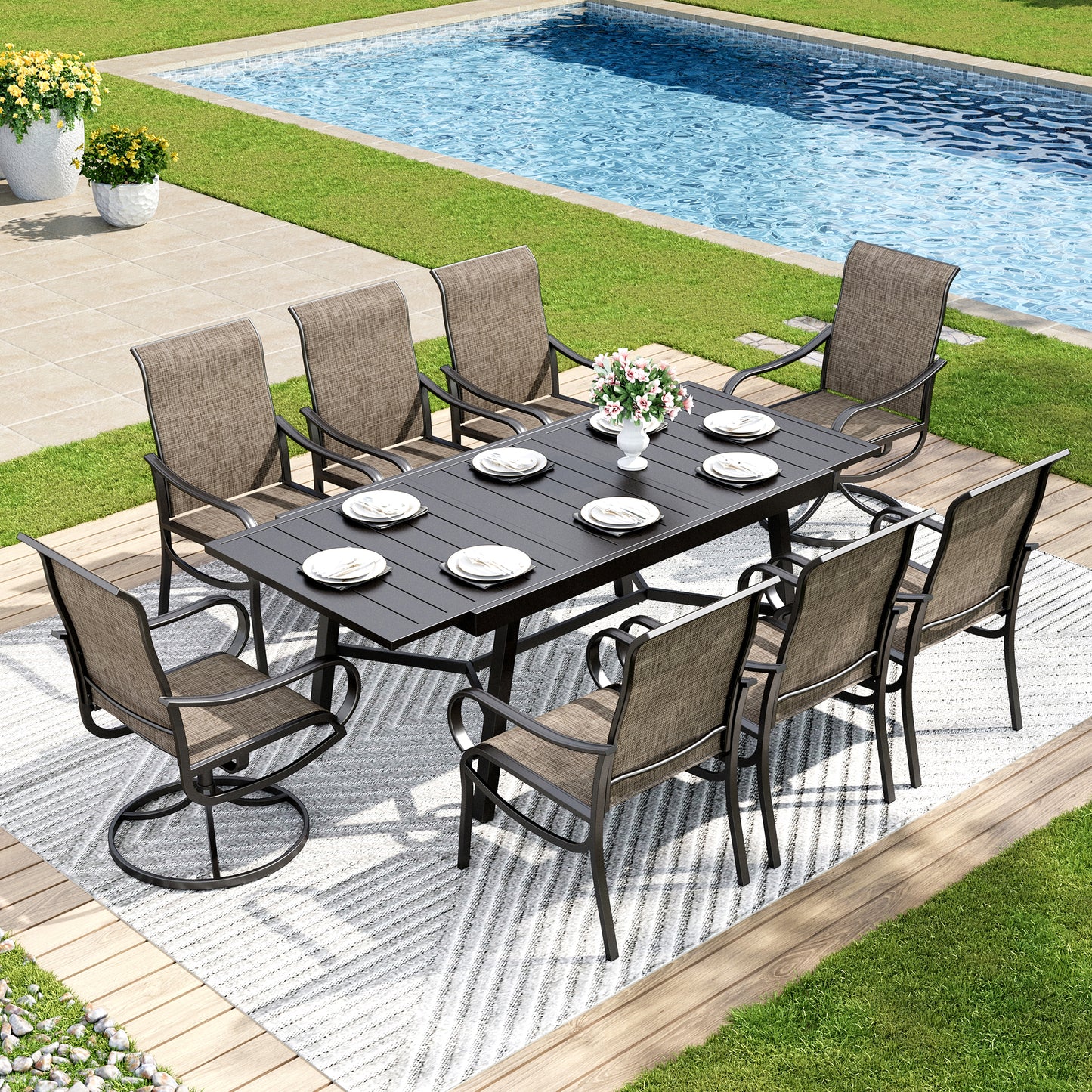 Captiva Designs 9pc Outdoor Dining set with Slat-top Metal Table & Breathable Quick-dry Sling Chairs