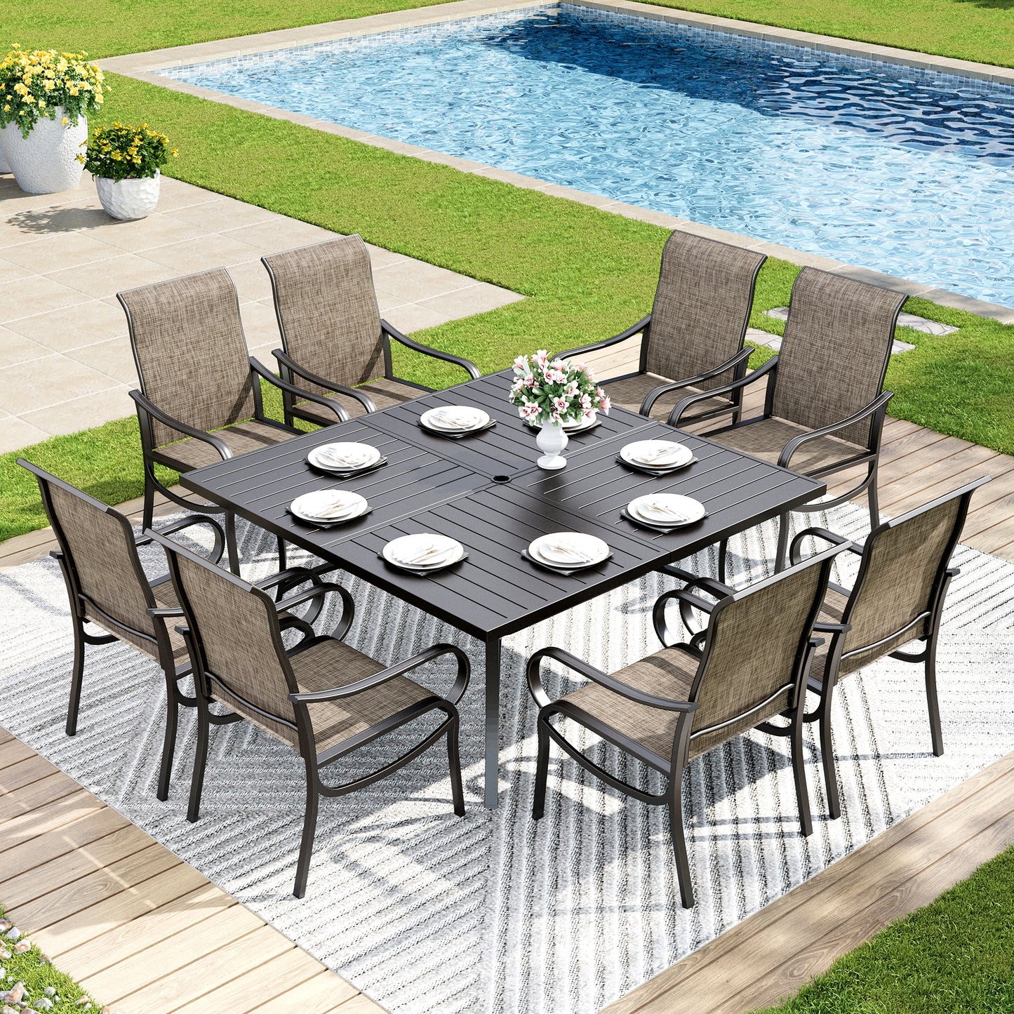 Captiva Designs 9pc Outdoor Dining set with Slat-top Metal Table & Breathable Quick-dry Sling Chairs