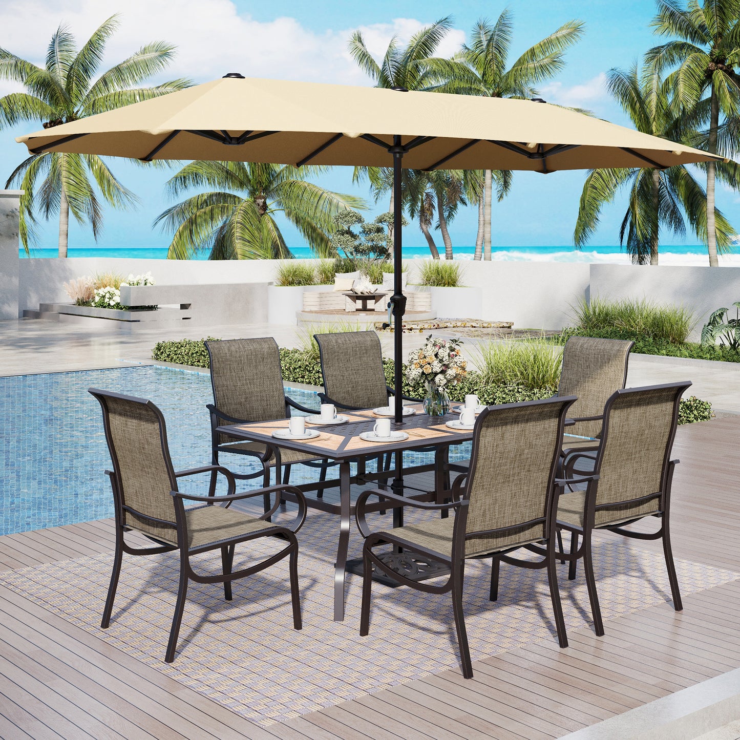 Captiva Designs 8pc Outdoor Wood-look Rectangle Steel Dining Table & Sling Chairs & Market Umbrella