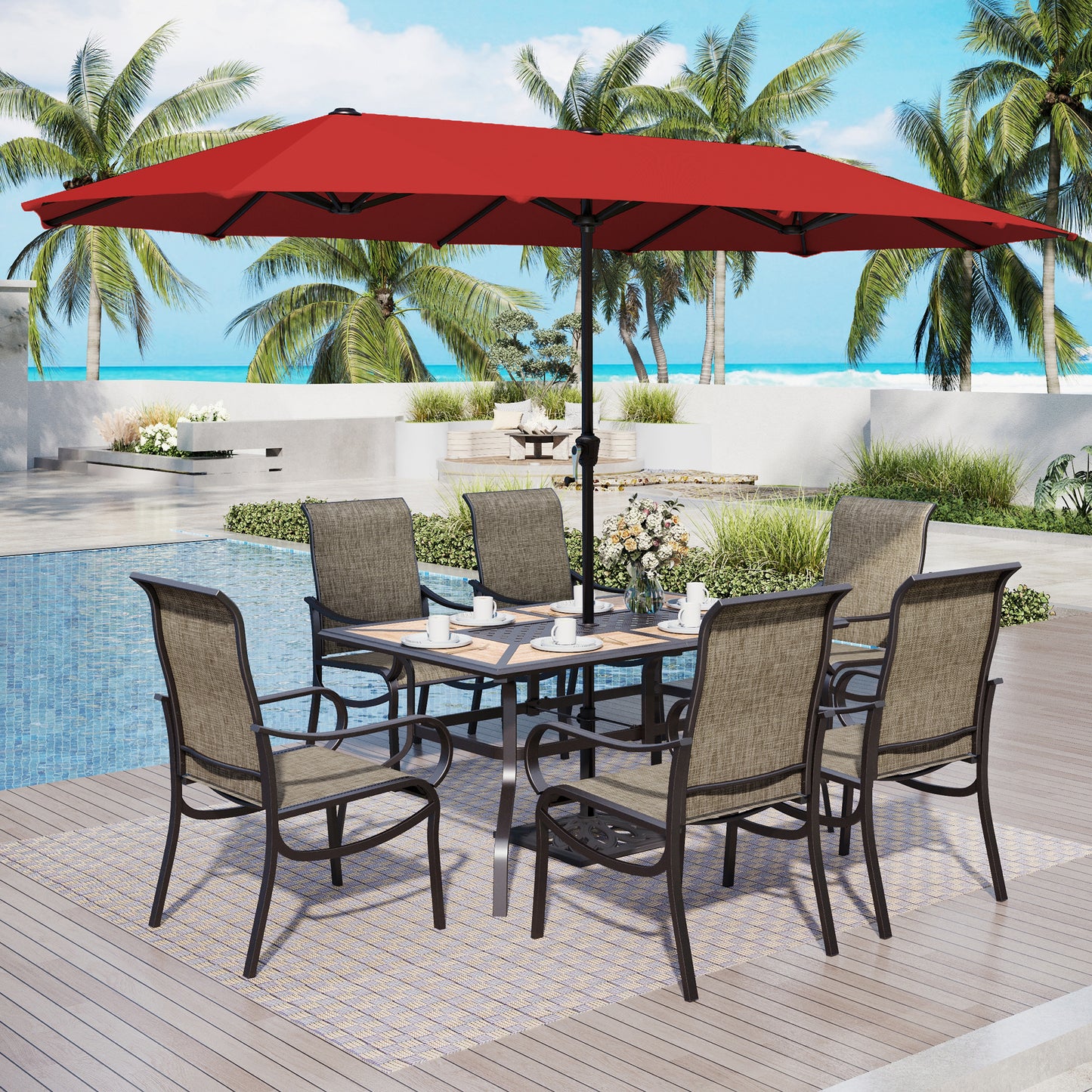 Captiva Designs 8pc Outdoor Wood-look Rectangle Steel Dining Table & Sling Chairs & Market Umbrella