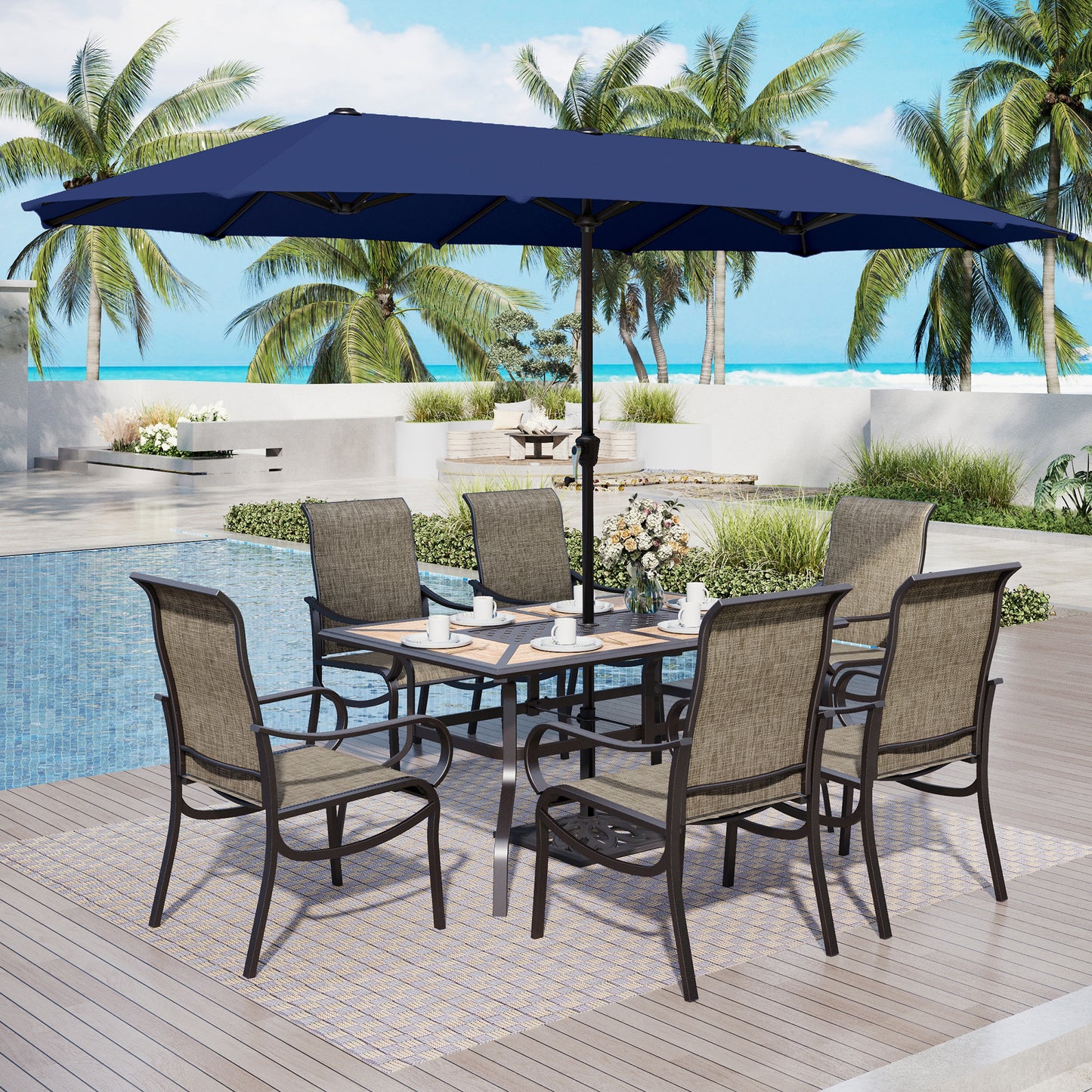 Captiva Designs 8pc Outdoor Wood-look Rectangle Steel Dining Table & Sling Chairs & Market Umbrella