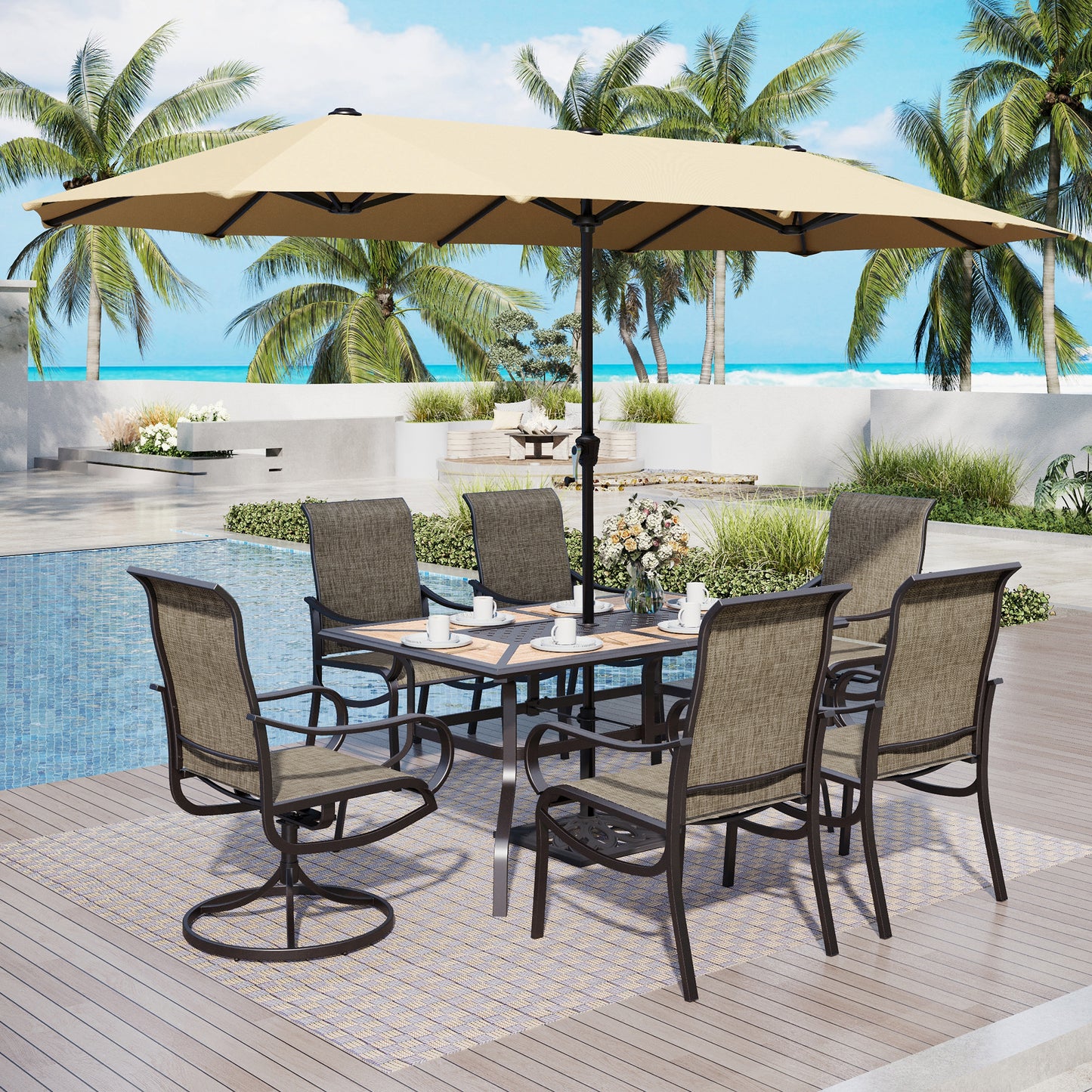 Captiva Designs 8pc Outdoor Wood-look Rectangle Steel Dining Table & Sling Chairs & Market Umbrella