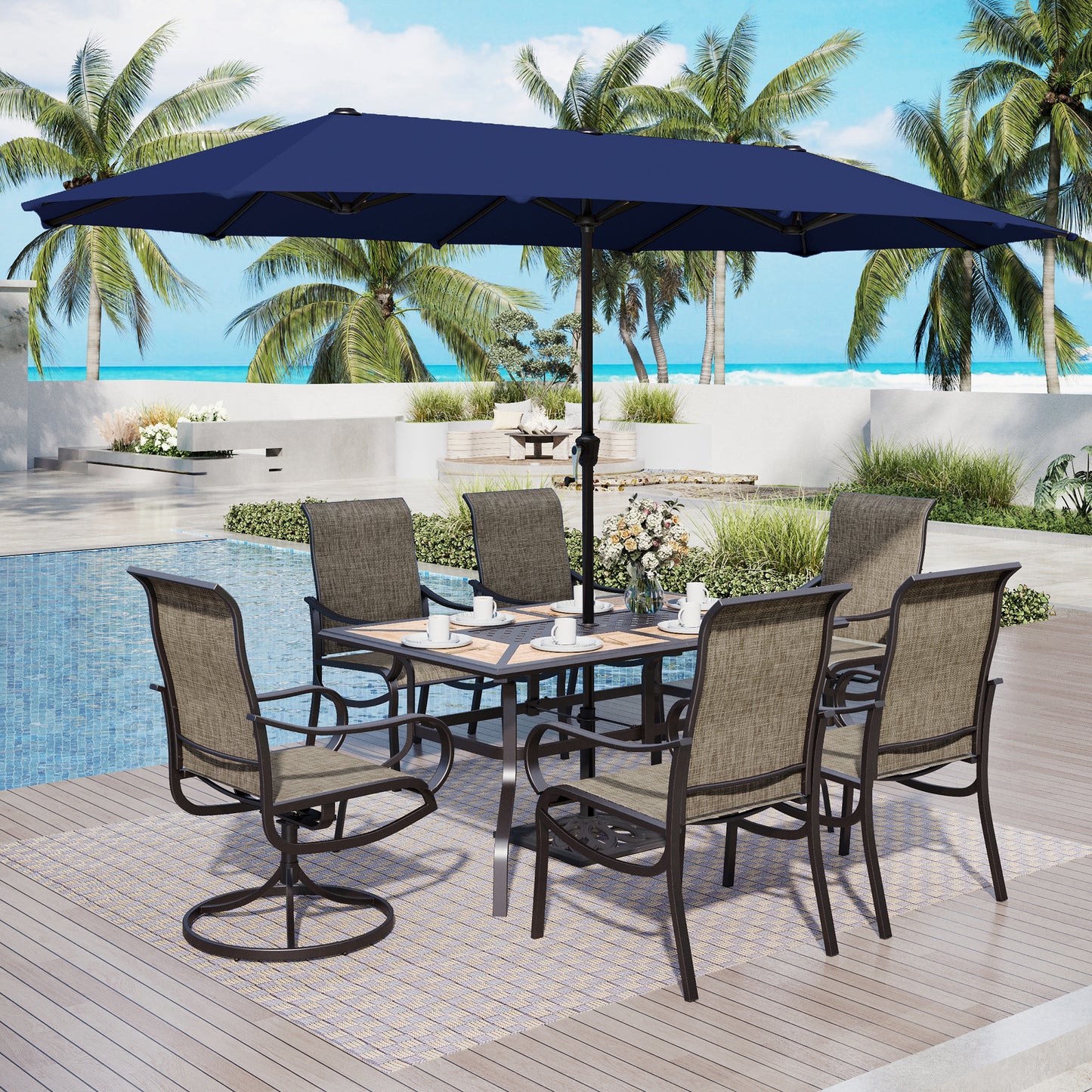 Captiva Designs 8pc Outdoor Wood-look Rectangle Steel Dining Table & Sling Chairs & Market Umbrella