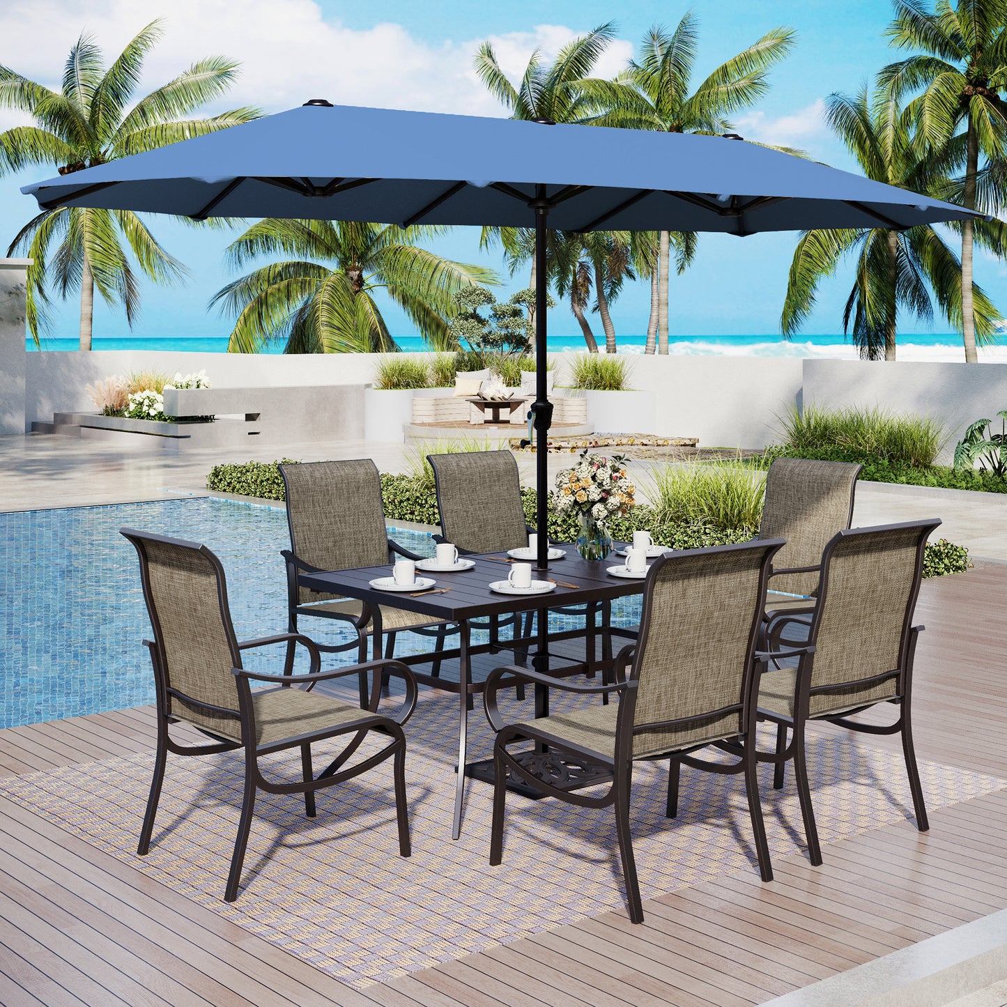 Captiva Designs 8pc Outdoor Rectangular Steel Dining Table & Breathable Sling Chairs & Market Umbrella