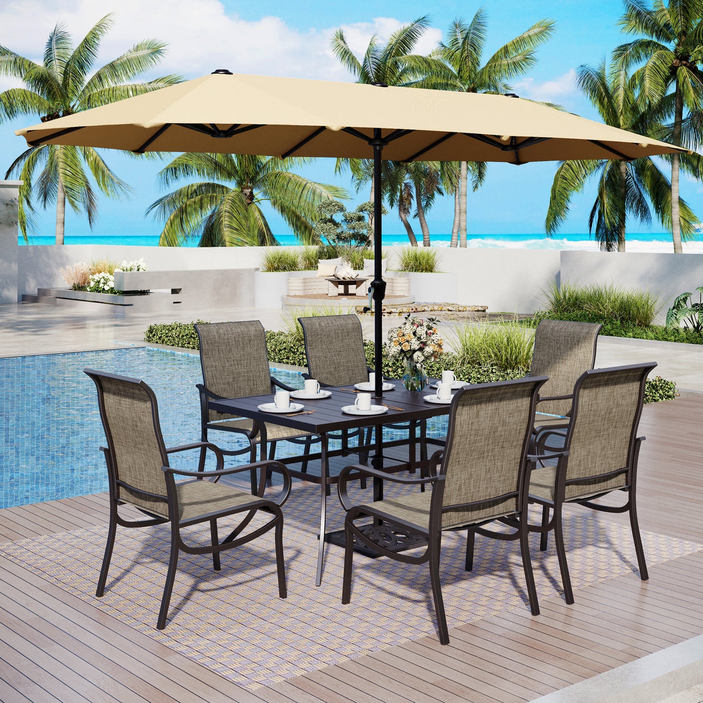 Captiva Designs 8pc Outdoor Rectangular Steel Dining Table & Breathable Sling Chairs & Market Umbrella