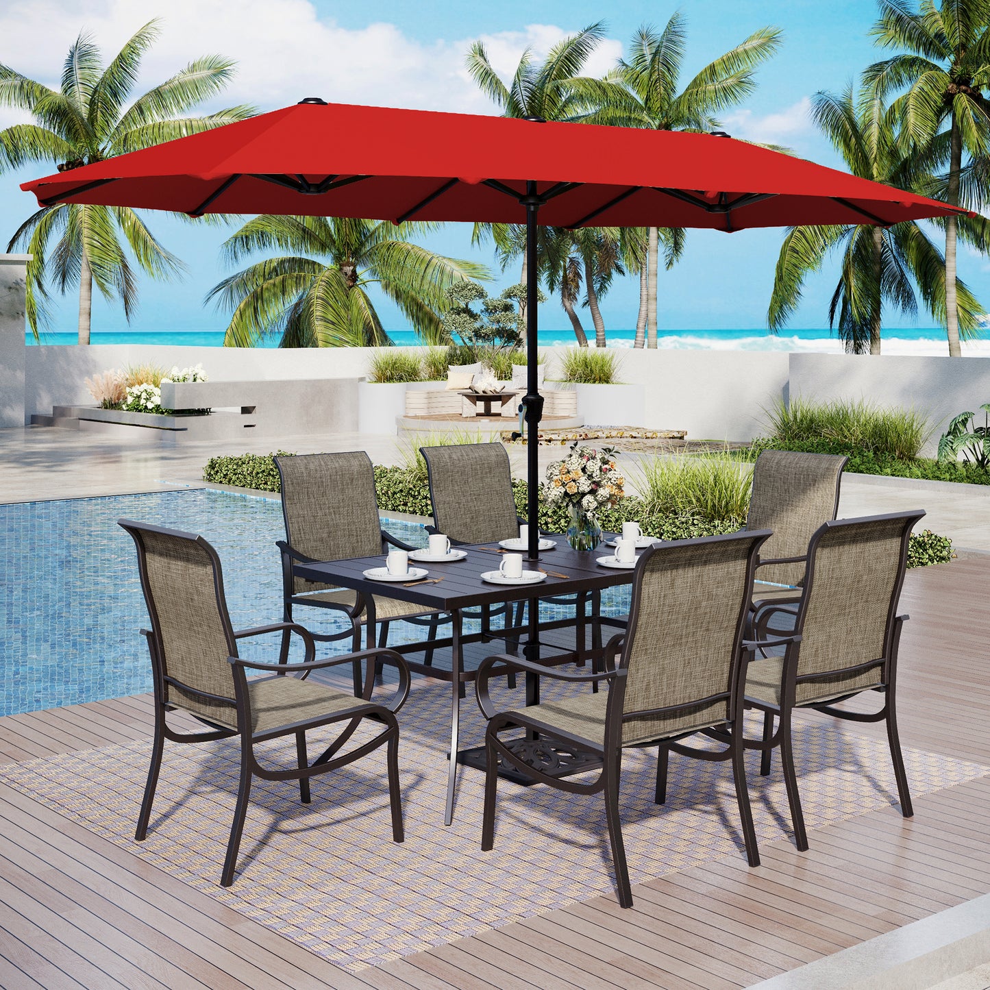 Captiva Designs 8pc Outdoor Rectangular Steel Dining Table & Breathable Sling Chairs & Market Umbrella