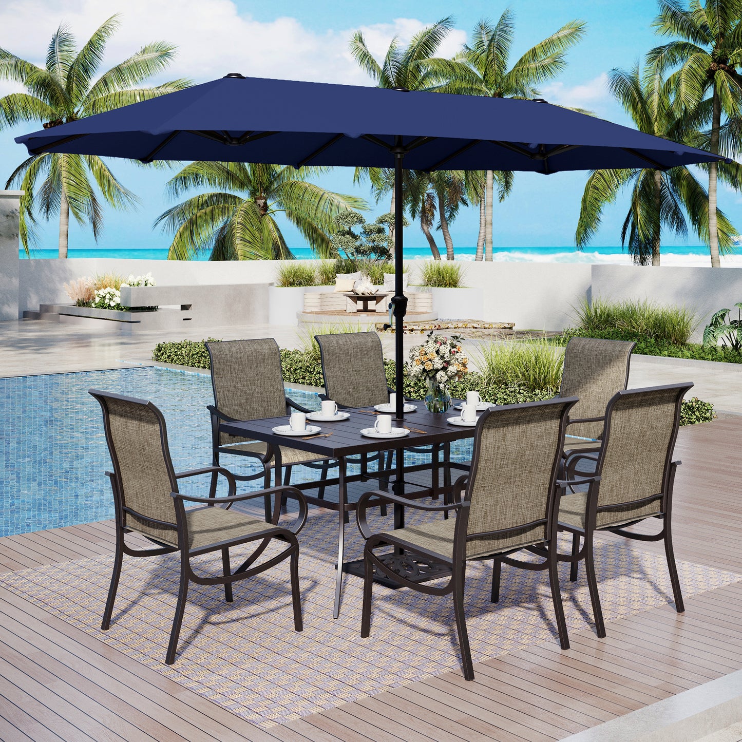 Captiva Designs 8pc Outdoor Rectangular Steel Dining Table & Breathable Sling Chairs & Market Umbrella