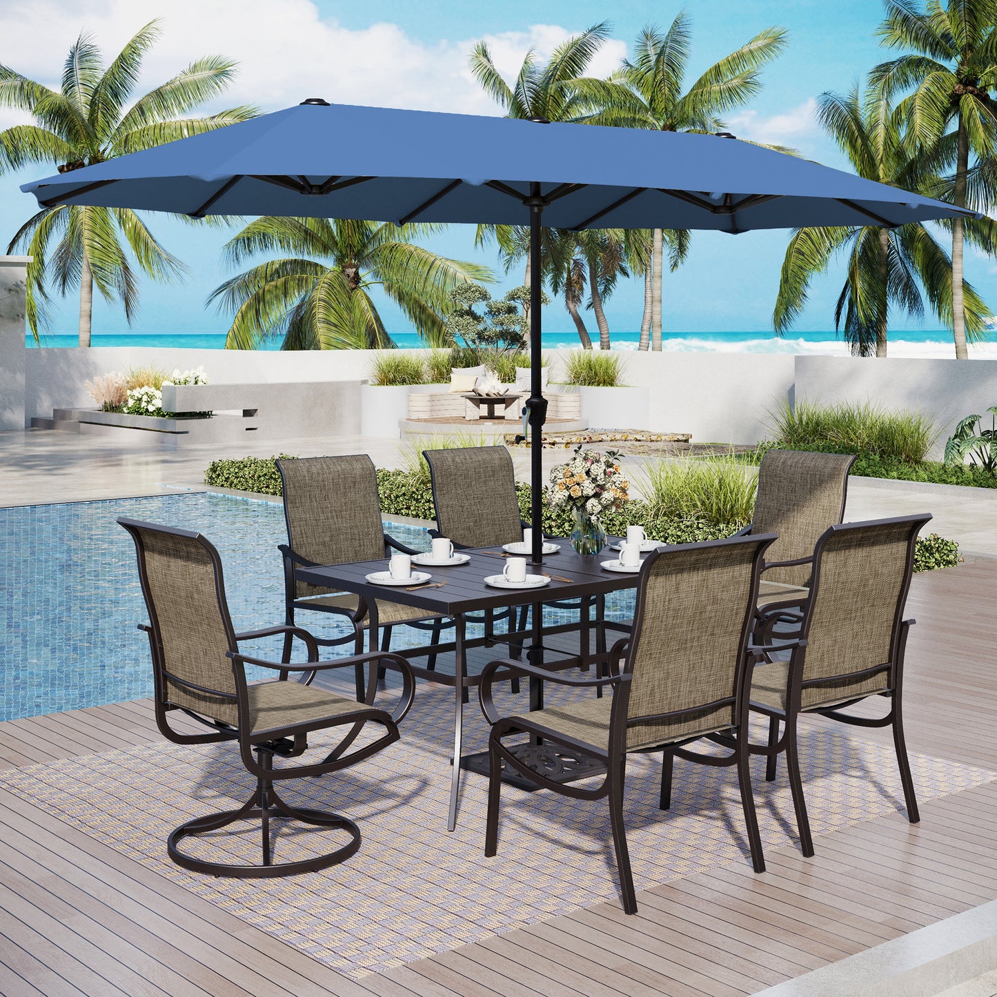 Captiva Designs 8pc Outdoor Rectangular Steel Dining Table & Breathable Sling Chairs & Market Umbrella