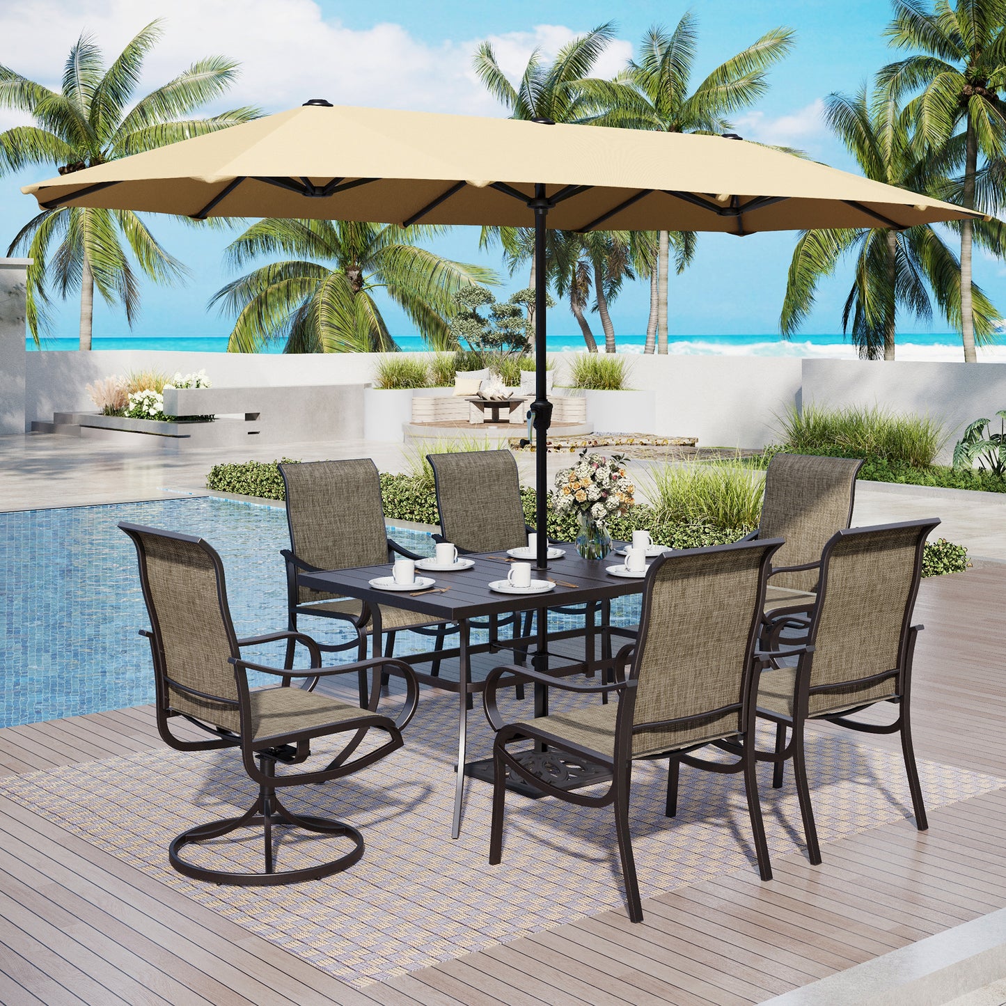 Captiva Designs 8pc Outdoor Rectangular Steel Dining Table & Breathable Sling Chairs & Market Umbrella