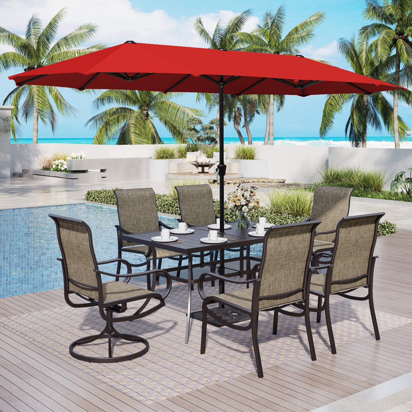 Captiva Designs 8pc Outdoor Rectangular Steel Dining Table & Breathable Sling Chairs & Market Umbrella