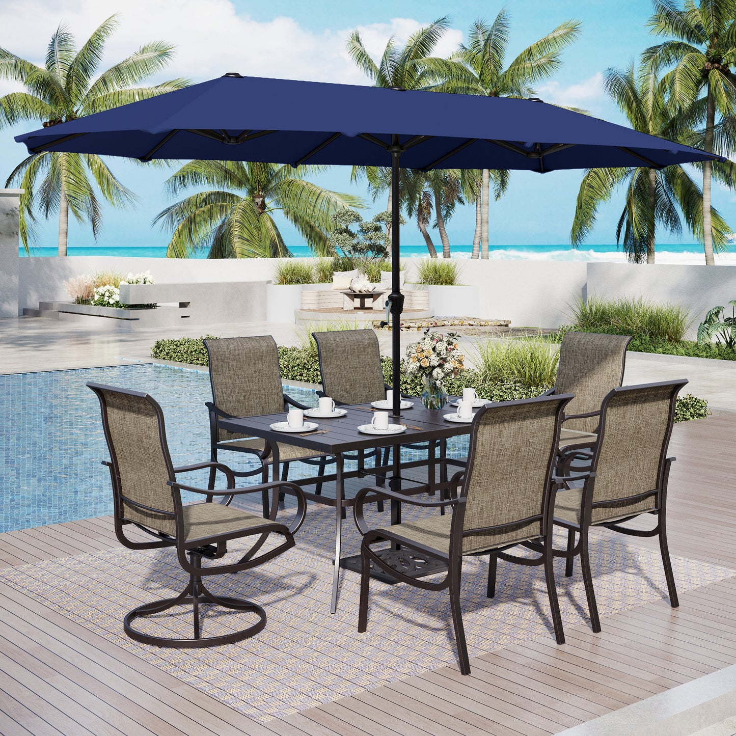 Captiva Designs 8pc Outdoor Rectangular Steel Dining Table & Breathable Sling Chairs & Market Umbrella