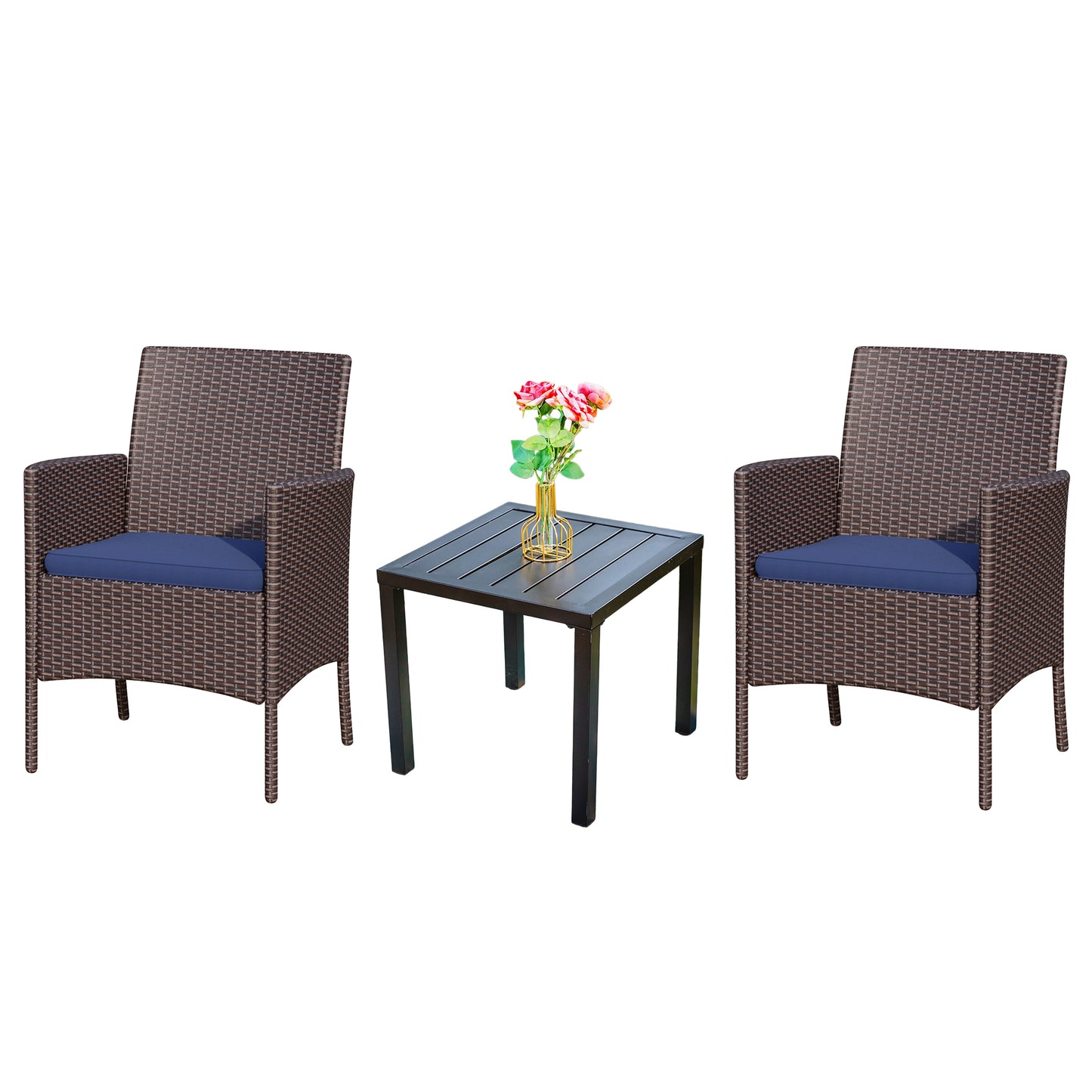 Captiva Designs 3pc Patio Dining Set with Bistro Table & Rattan Chairs with Blue Seat Cushion