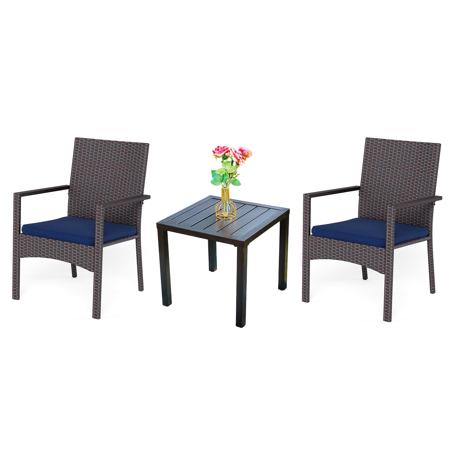 Captiva Designs 3pc Patio Dining Set with Bistro Table & Rattan Chairs with Blue Seat Cushion
