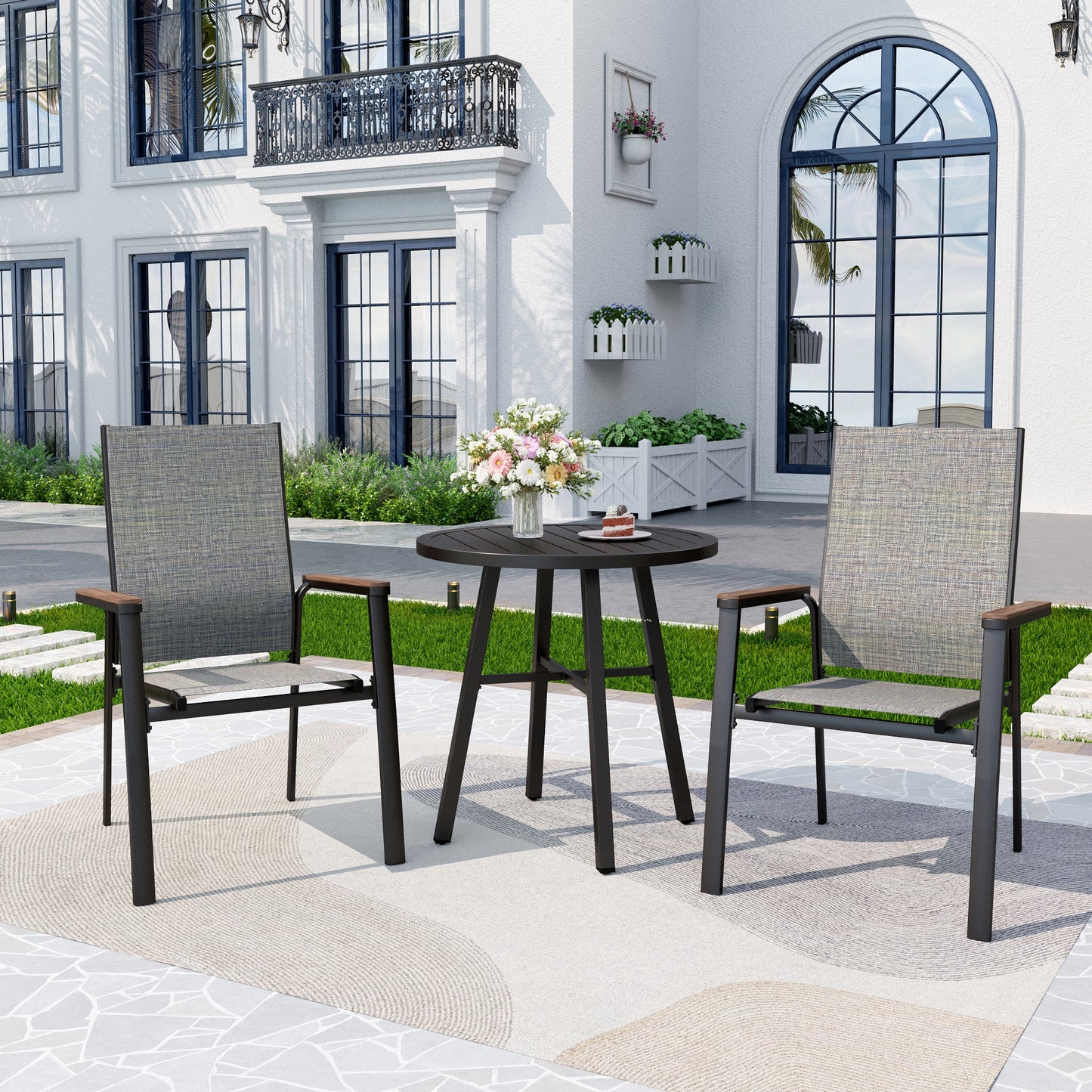 Captiva Designs 3pc Outdoor Patio Dining Steel Table & Gray Wood-look Arm Textilene Sling Chairs