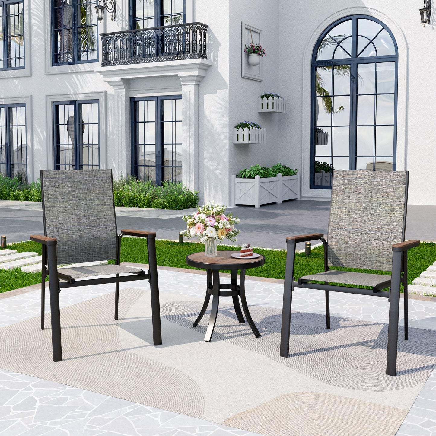 Captiva Designs 3pc Outdoor Patio Dining Steel Table & Gray Wood-look Arm Textilene Sling Chairs