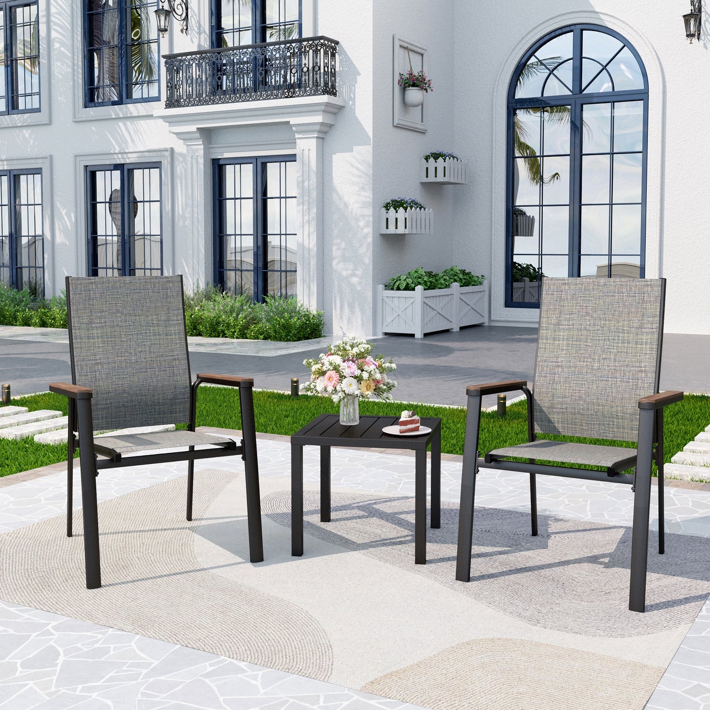 Captiva Designs 3pc Outdoor Patio Dining Steel Table & Gray Wood-look Arm Textilene Sling Chairs