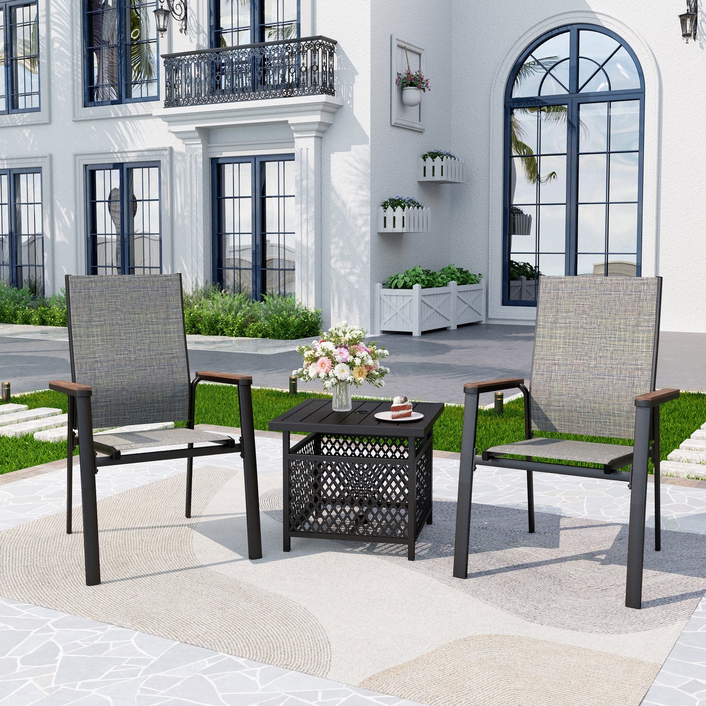 Captiva Designs 3pc Outdoor Patio Dining Steel Table & Gray Wood-look Arm Textilene Sling Chairs