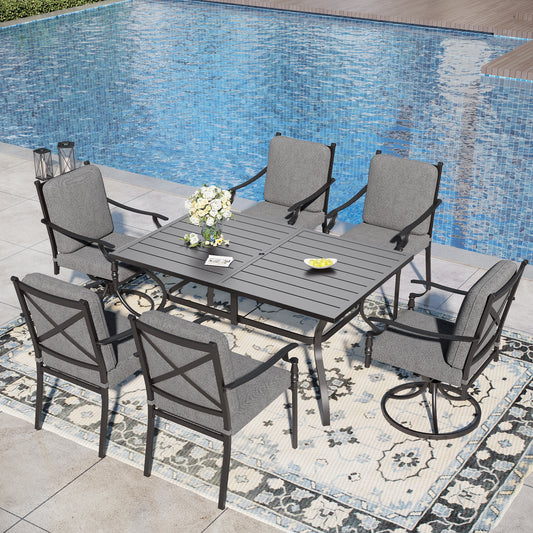 Captiva Designs 7pc Patio Dining Set with Slat-top Rectangle Table & Metal Chairs with Cushions