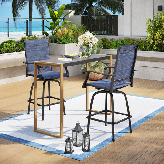 Captiva Designs 3pc Outdoor Dining Rectangle Metal Black Bar Table with U-shaped Legs & Sling Swivel Bar Stools