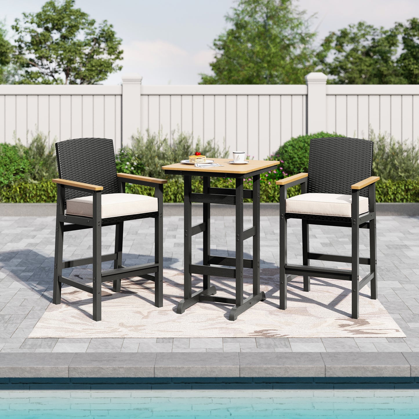 Captiva Designs 3Pc Outdoor Bistro Height Bar Table and 2 Bar Stools with Wicker Backrest and Comfy Cushion