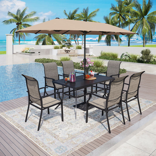 Captiva Designs 8pc Outdoor Patio Rectangle Steel Dining Table & Padded Sling Armchairs & Market Umbrella