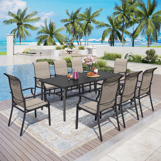 Captiva Designs 9pc Patio Spacious Black Steel Dining Table & High Back Padded Grayish Brown Sling Armrest Chairs