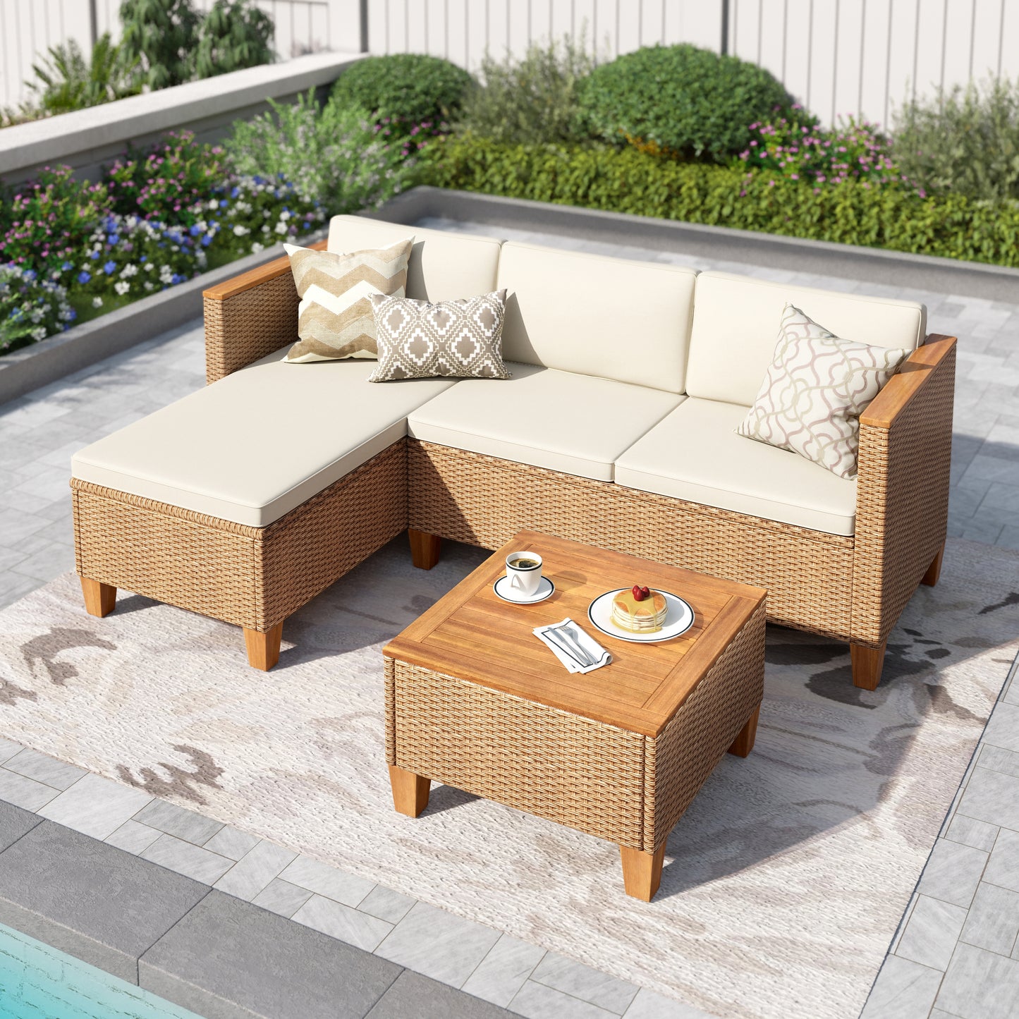 Captiva Designs 3pc Outdoor Patio Wicker Sofa Conversation Set with Wood-top Coffee Table