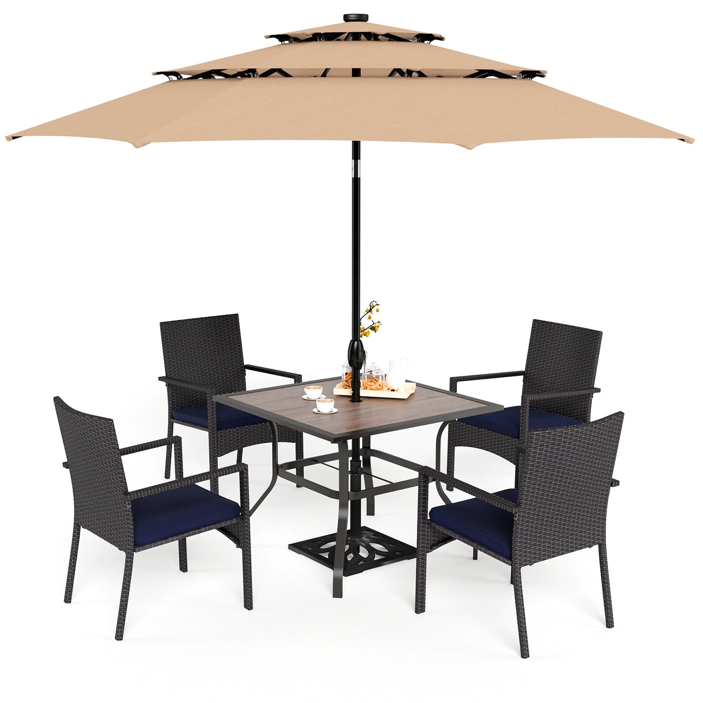 Captiva Designs 6pc Outdoor Patio Steel Dining Table & Rattan Haiti Chairs & Market Umbrella