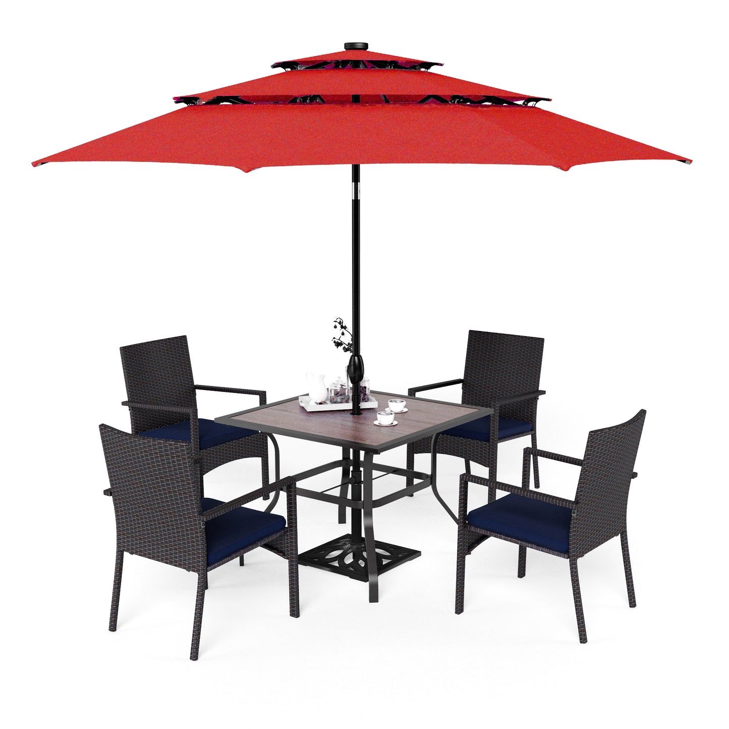 Captiva Designs 6pc Outdoor Patio Steel Dining Table & Rattan Haiti Chairs & Market Umbrella
