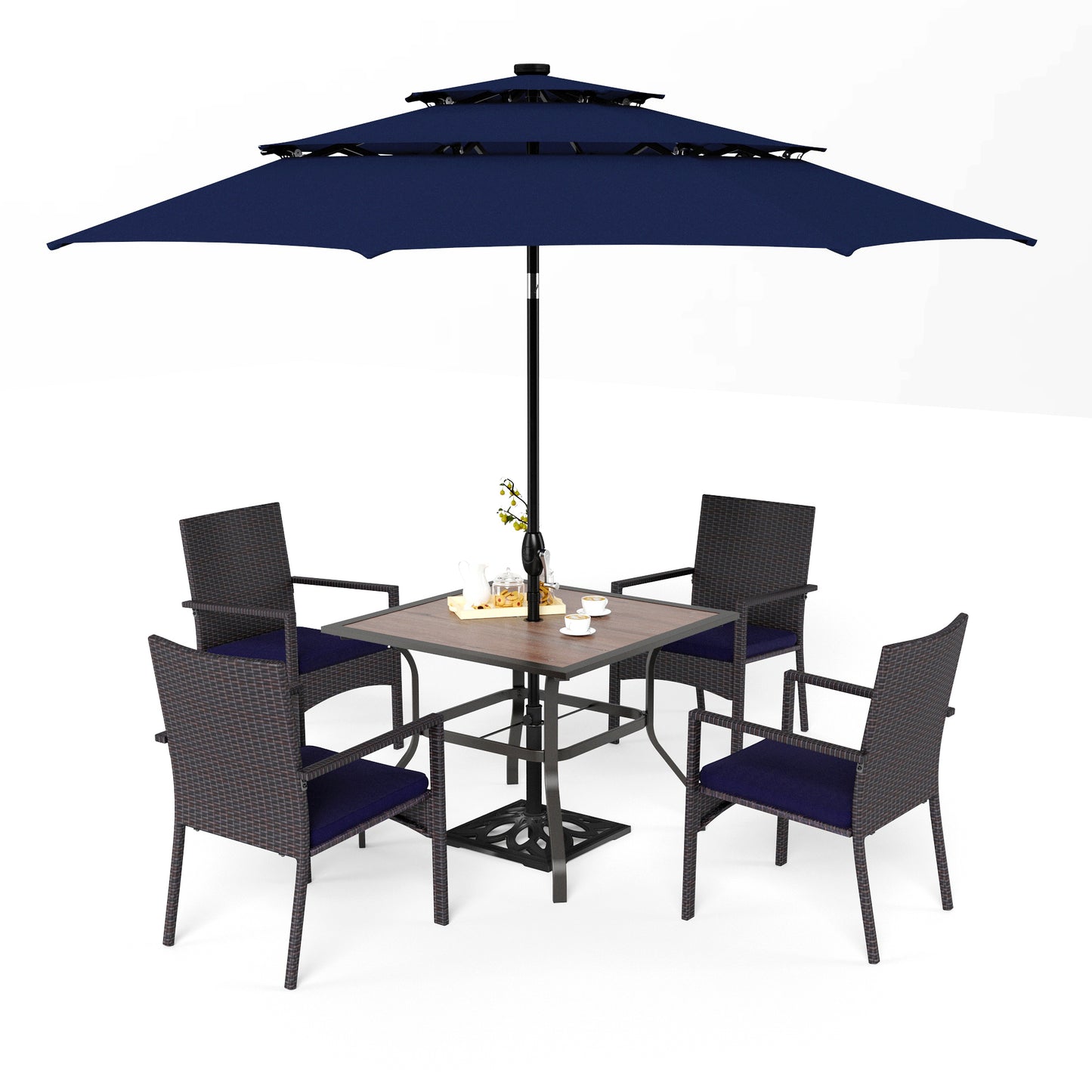 Captiva Designs 6pc Outdoor Patio Steel Dining Table & Rattan Haiti Chairs & Market Umbrella