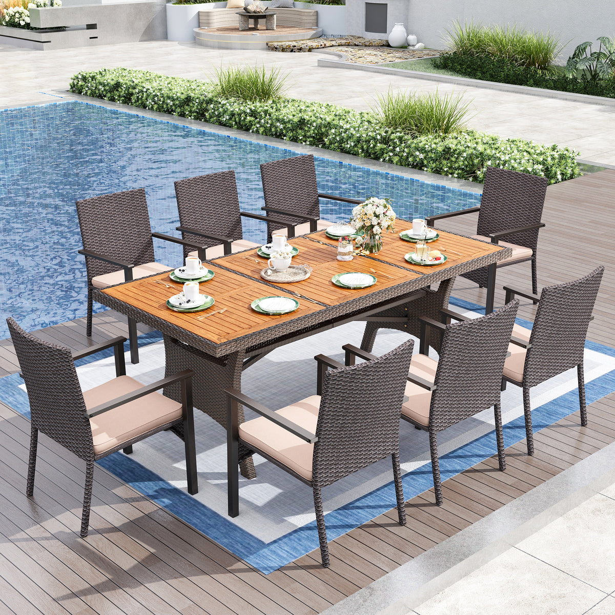 Nectar Table Captiva Designs 9pc Outdoor Patio Furniture Set with Rectangle Table a ...