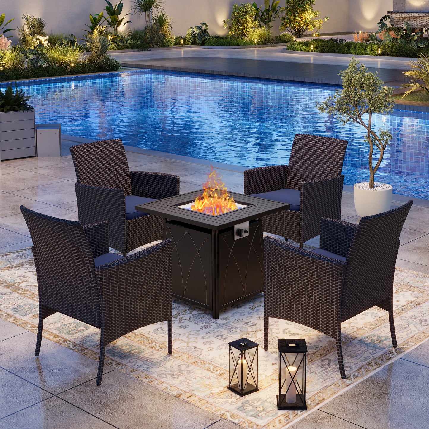 Captiva Designs 5pc Patio Dining Square Steel Fire Pit Table & Armrest Metal Frame Chairs