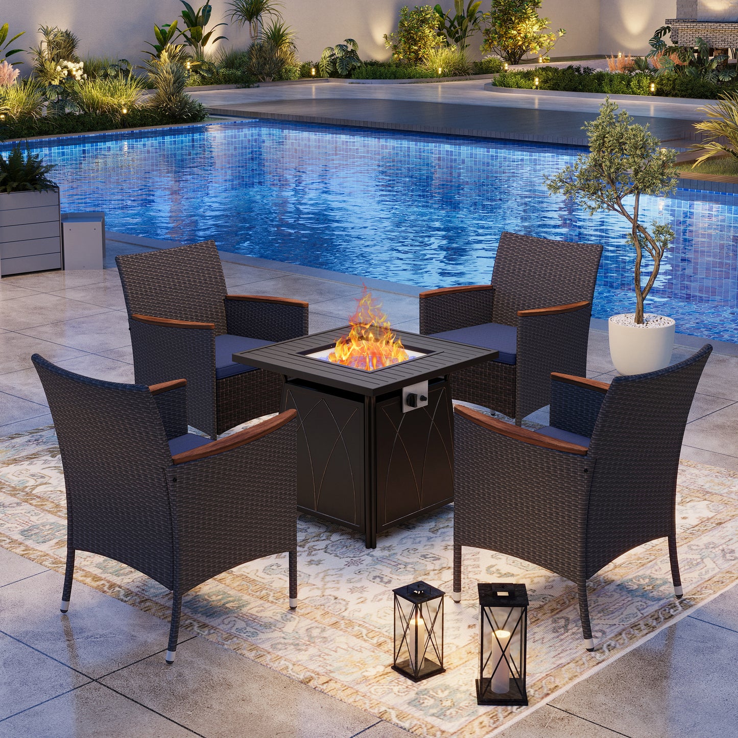Captiva Designs 5pc Patio Dining Square Steel Fire Pit Table & Armrest Metal Frame Chairs