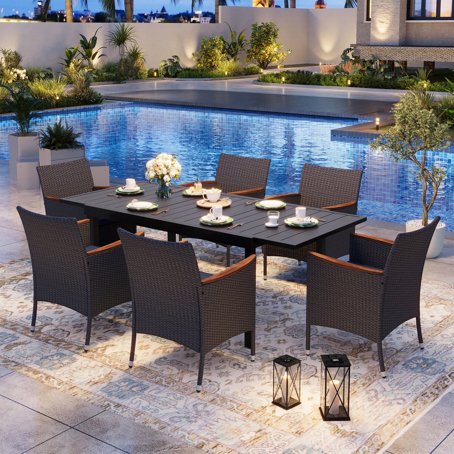 Captiva Designs 7pc Outdoor Patio Slat-top  Dining Steel Table & Rattan Chairs with Removable Cushions