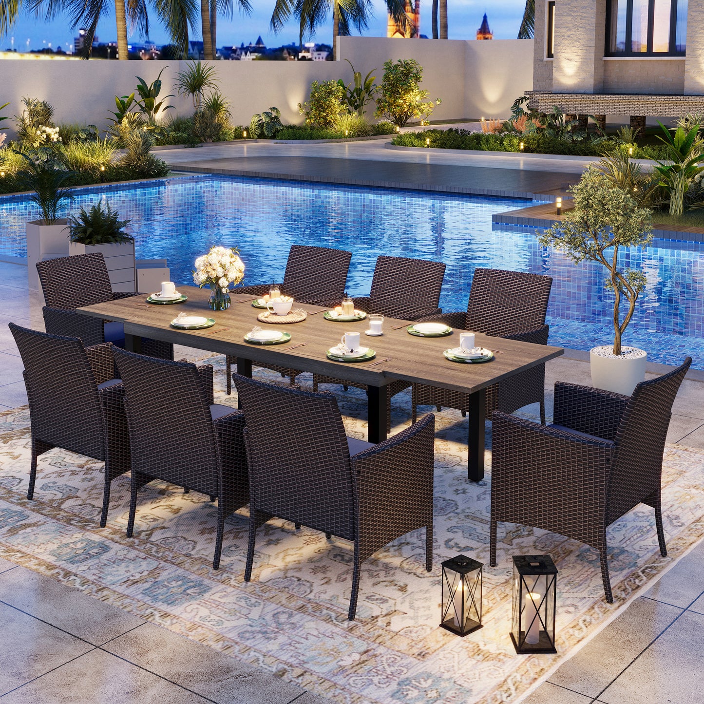 Captiva Designs 9pc Outdoor Patio Expandable Steel Dining Table & & Crescent Arm Rattan Chairs